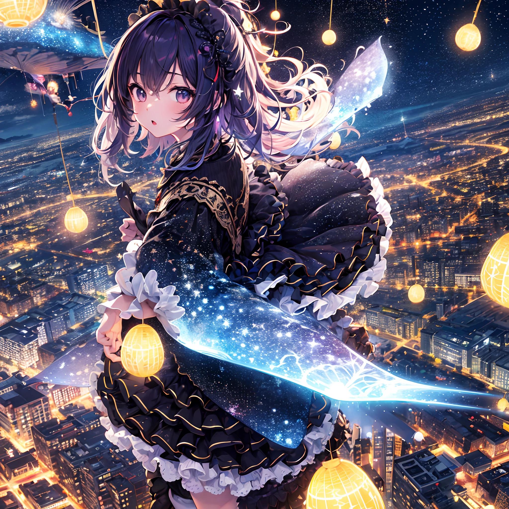 ultra detailed game CG, (High resolution:1.1),(absurderes:1.1), 1girl in, Little Girl, Solo, Simple Anime, nightcity, Overlooking the night view from a height