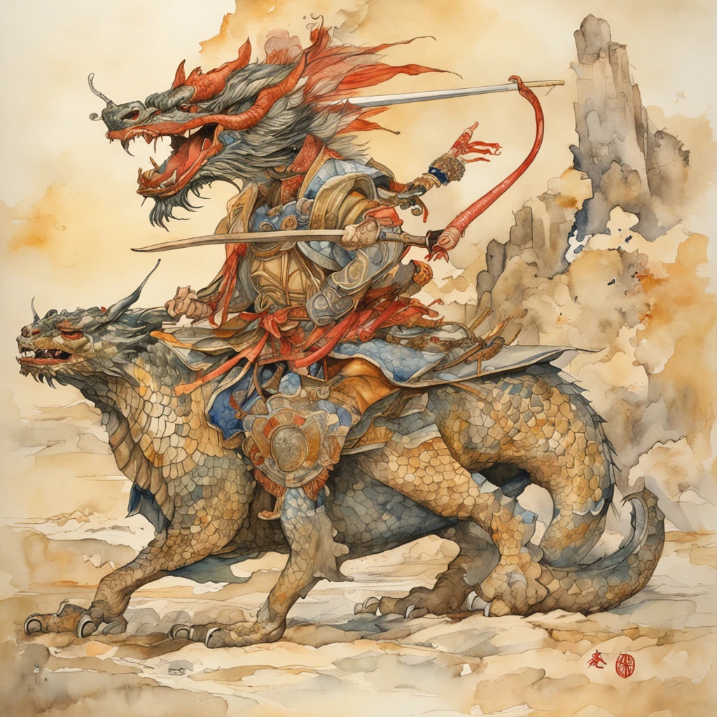 Watercolor ink and ink drawing of the Japanese samurai dragon, Pintura em Aquarela de uma Montanha e uma Vila no Deserto por James Jean, john william waterhouse, Gustavo Klimt, Frank Lloyd Wright. --W 4096 --H 2160