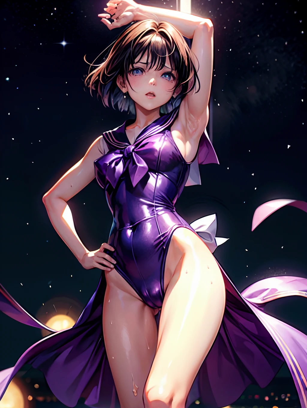 Sailor Saturn、Sailor Saturn Costume、embarrassed from、Turn around、full of sweat、Wearing sweat、full of sweat、 Thigh 1:5、cum in crotch、Eyes from below、