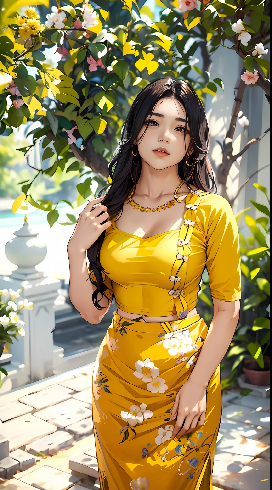 a woman in a yellow top and skirt posing for a picture, nivanh chanthara, wearing yellow croptop, beautiful asian girl, beautiful yellow woman, lovely woman, very beautiful girl, traditional beauty, cute beautiful, south east asian with long, beautiful asian woman, very beautiful woman, very beautiful enga style, mai anh tran, asian girl