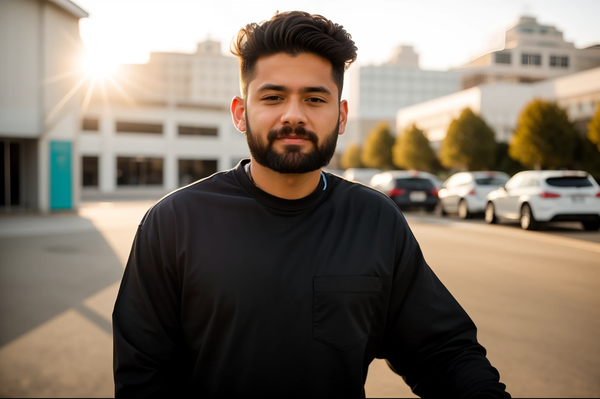 there is a man standing in a parking lot with a skateboard, soft portrait shot 8 k, portrait shot 8 k, shot on canon eos r 5, shot on canon eos r5, shot on sony a 7 iii, high quality portrait, taken with sony alpha 9, shot with sony alpha, with a beard and a black shirt, taken with sony a7r camera, realistic face, realistic eyes