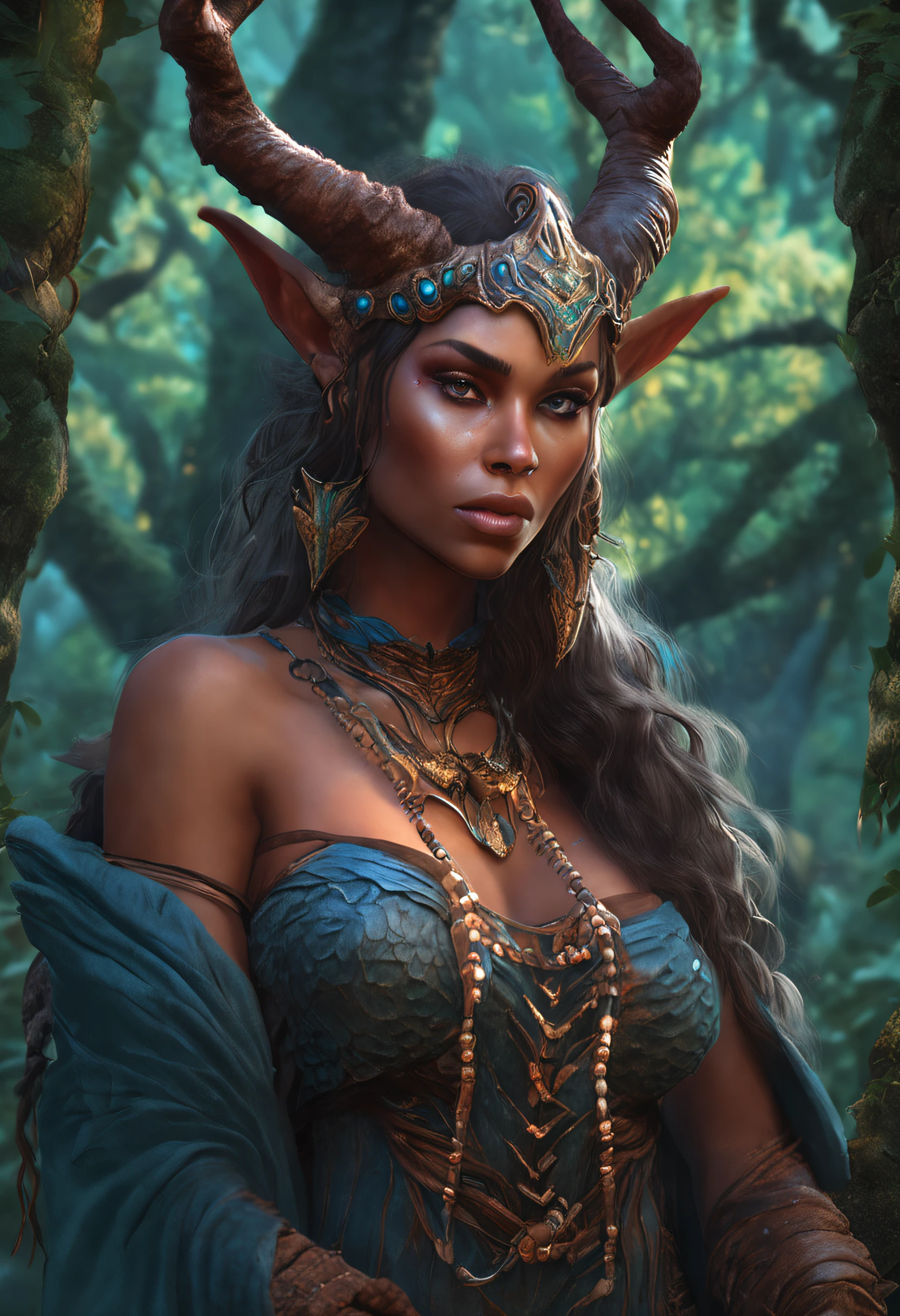 Beautiful Woman with horns and bra in the forest, The Attractive Druid Tiefling, The alluring druid Tiefling, epic fantasy art style, epic fantasy art style hd, detailed digital 2d fantasy art, detailed fantasy art, portrait of an elf queen, epic fantasy style art, epic fantasy digital art style, fantasy art style, Цифровое 2D фэнтезийное искусство 8k