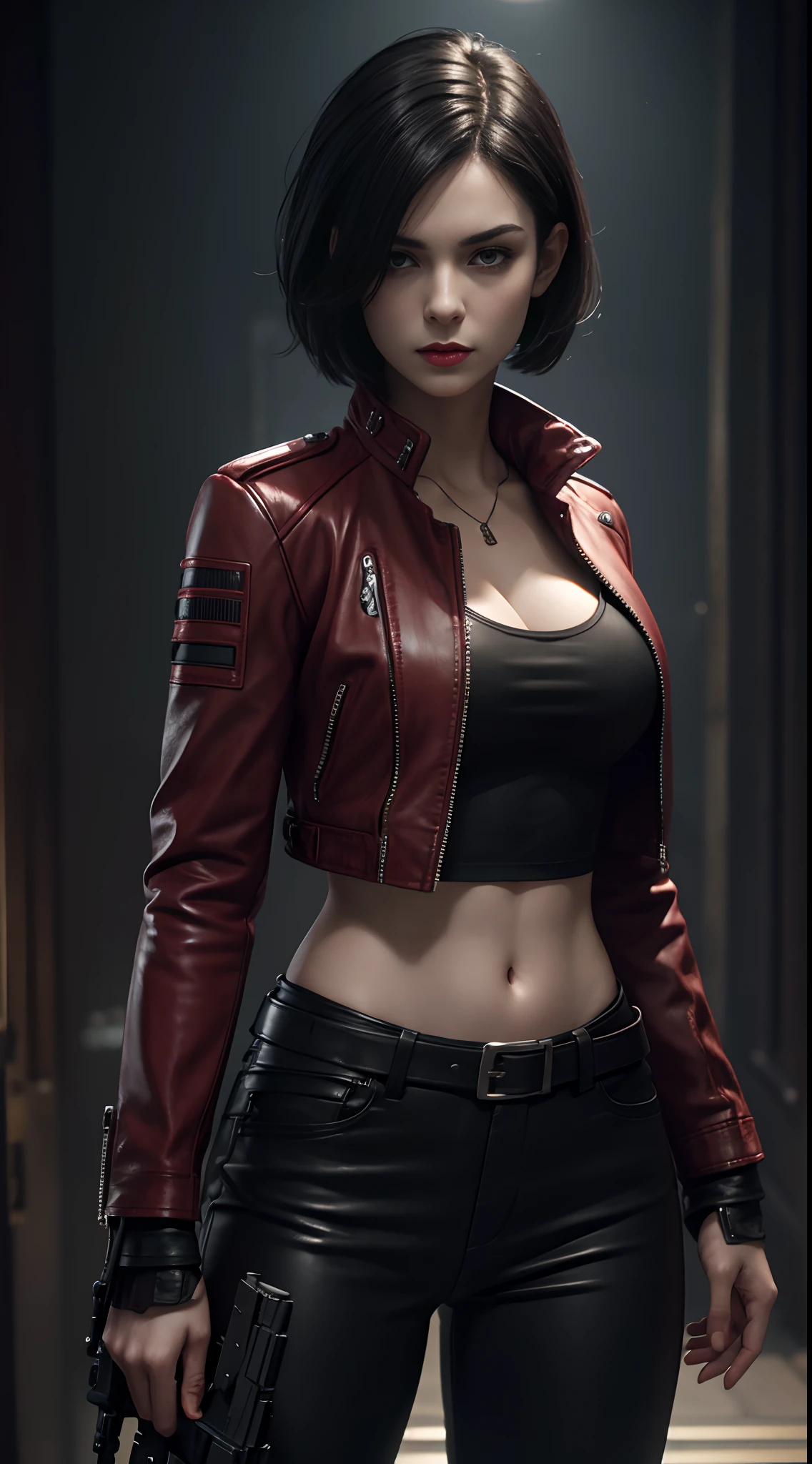 a beautiful 25 years old British female vampire mercenary with short black hair, pale skin, wearing red leather jacket and black tight pants, holding dual handguns, view from front, waist up shot, dynamic pose, ambient lighting, photo realism, intricate face detail, intricate hand details, highly detailed, vibrant colors, cinematic, high definition, trending on Artstation--style raw