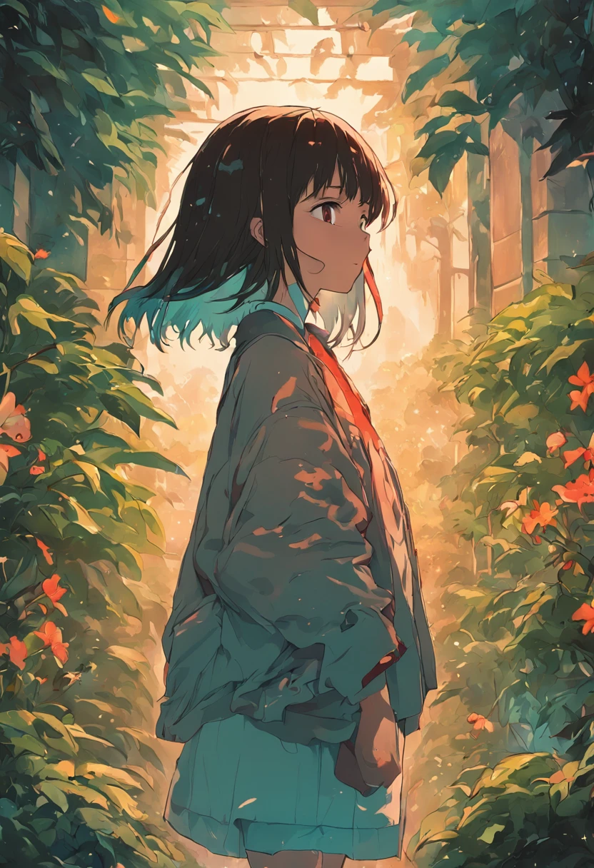 a girl in the middle of a house garden with lots of plants