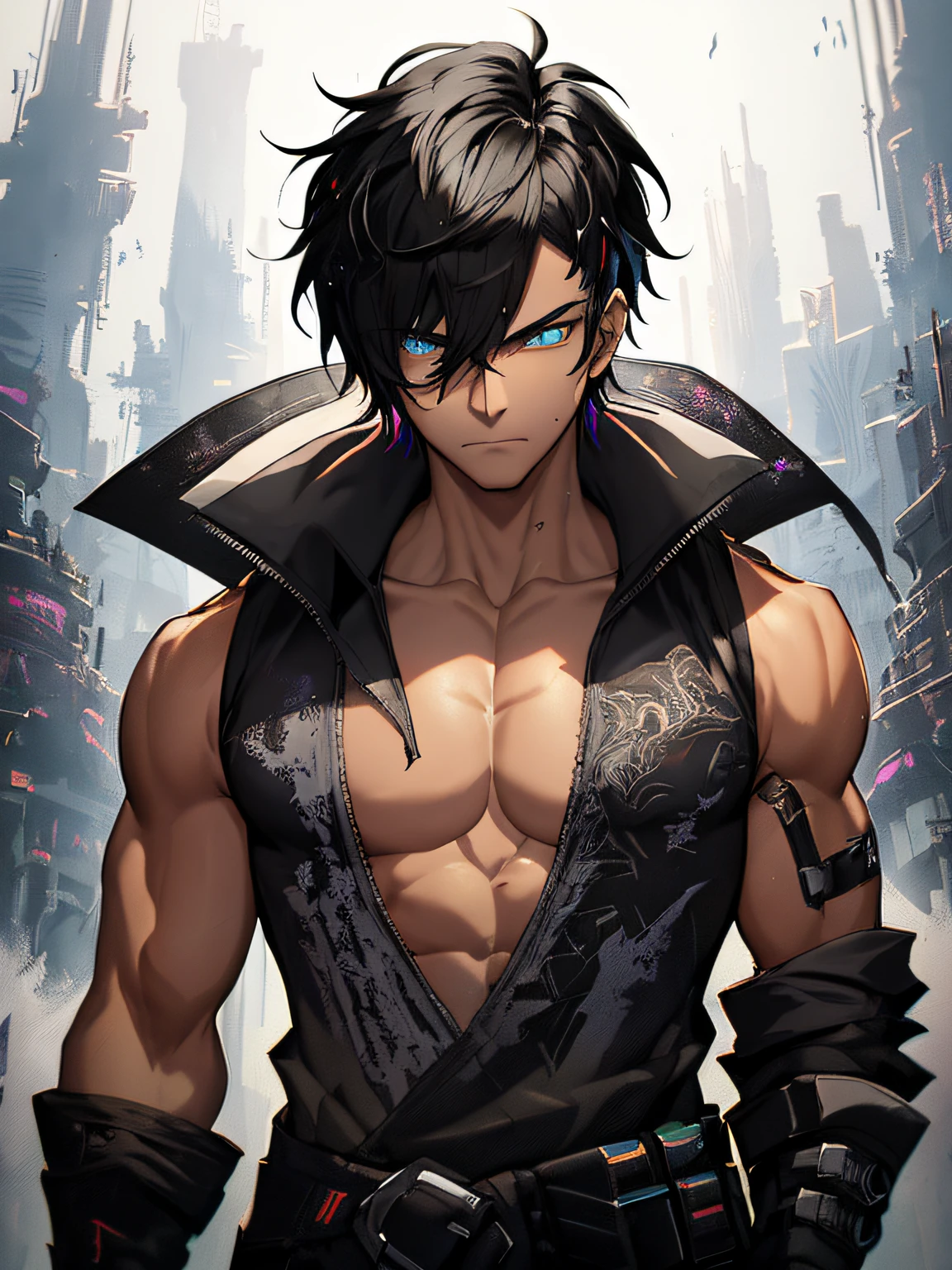 Cyberpunk male, fantasy world, dark background, clean design, epic instagram, artstation, colorful paint splatter, silhouette, hyper detailed intricate details, unreal engine, fantasy, intricate details, splash screen, complementary colors, Fantasy concept art, 8k resolution, deviantart masterpiece, oil painting, heavy strokes, paint dripping, (isolated on white background: 1.3), rainbow skin, (((handsome young man))), ((age:1.5) ), (young aesthetic great anatomy), (glowing blue eyes), ((light eyes)), ((((short jet black hair: 1.1))), ((black clothes)), (prince\\(indifferent expression\\), (((Wears a open sleeveless shirt showing off his very muscular chest))), ((Open clothes)) (muscular pecs) (muscular abs) (chest) --v 6