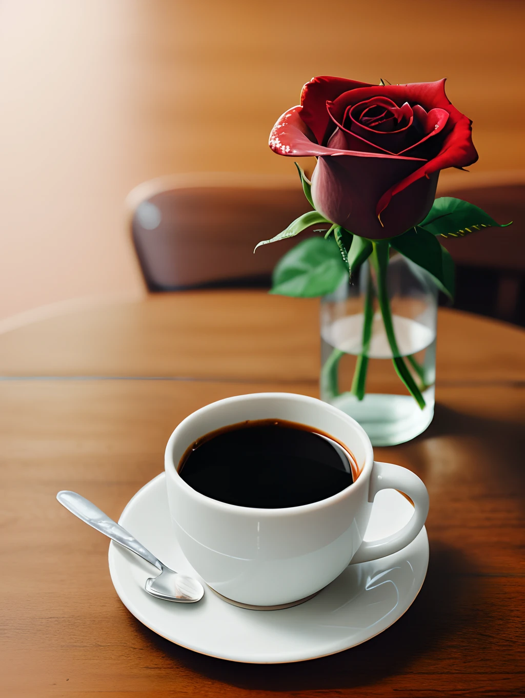 A rose on the coffee cup on the table
