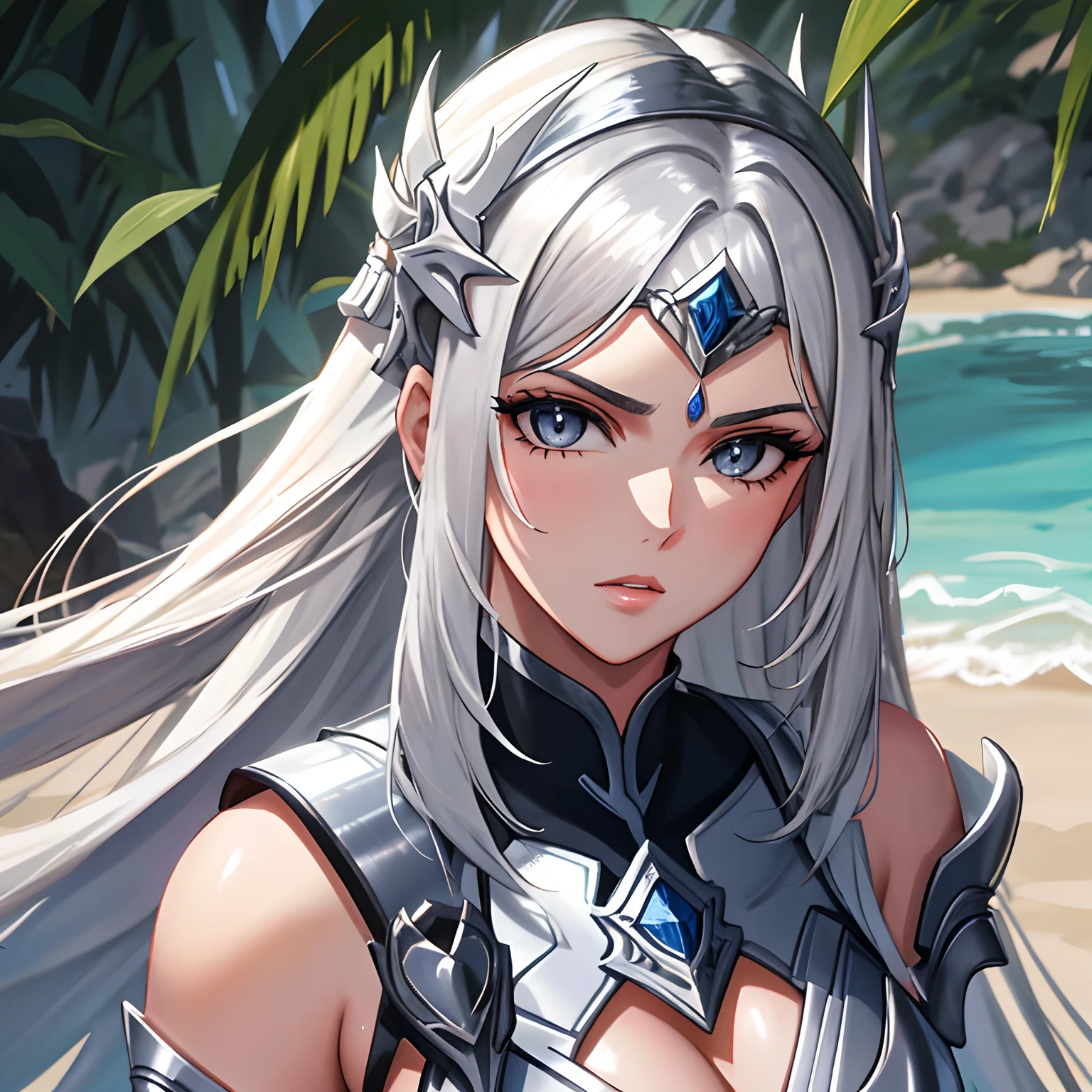 Paladina, mulher ocidental, mulher de 30 anos, mulher bonita, mulher madura, mulher branca, Branco_Woman, mulher de cabelo branco, white_hair, cabelo repartido ao meio, uma mulher paladina sexy, usando armadura prata sexy, silver_armor, long_hair, olhos cinzas, grey_eyes, jardim de fundo, manga-style, serious face, expression serious, rosto maduro