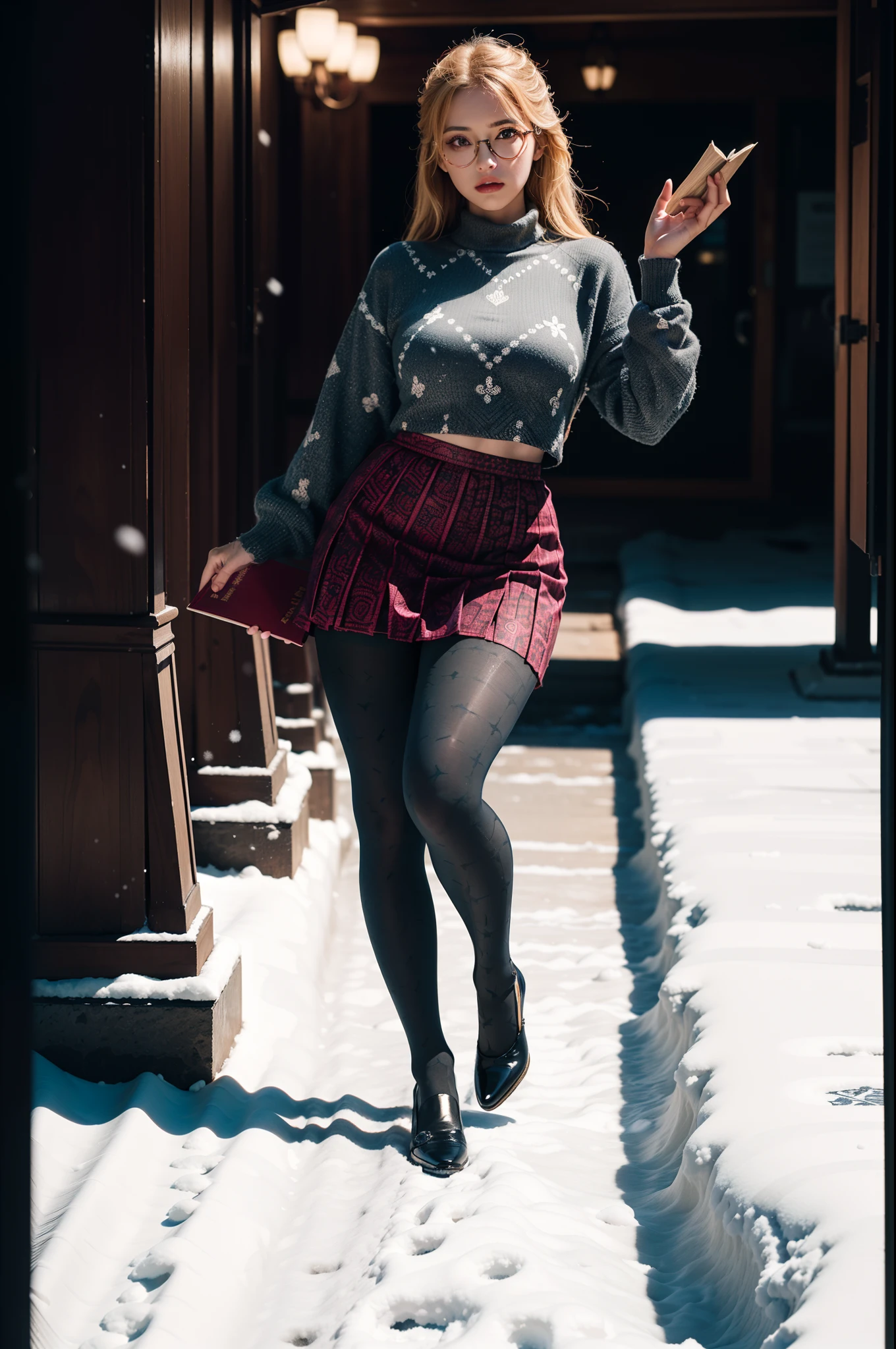 (full body:1.5),(((1girl)):1.4),(view the viewer:1.4),((anatomy correct):1.45),(((Dancing on Snowy Mountains))):1.3),(she wears large glasses and Holding book in her hand:1.2),(shy:1.15),((Student pleated skirt's set):1.2),(((((((Patterns)))))) ,((thick pantyhose)):1.3),(((tattoo)):1.3),( Uniform high heels leather shoes with bows for female students:1.1),(Accurate and perfect face:1.3),((red-eyed blonde):1.2),hyper HD, Ray traching, reflective light, structurally correct, Award-Awarded, high detail, lighten shade contrast, Face lighting ,cinematic lighting, masterpiece, super detailing, high quality, high detail, best quality, 16k,High contrast,