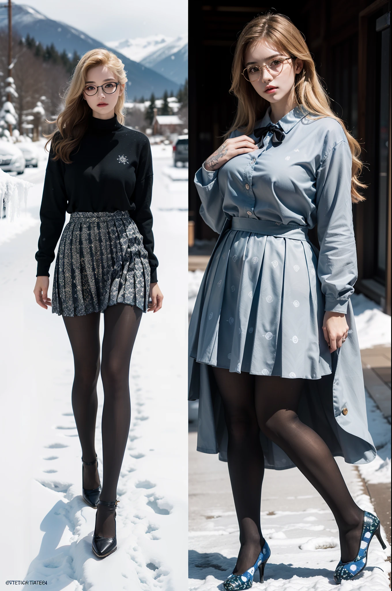 (full body:1.5),(((1girl)):1.4),(view the viewer:1.4),((anatomy correct):1.45),(((Dancing on Snowy Mountains))):1.3),(she wears large glasses and Holding book in her hand:1.2),(shy:1.15),((Student pleated skirt's set):1.2),(((((((Patterns)))))) ,((thick pantyhose)):1.3),(((tattoo)):1.3),( Uniform high heels leather shoes with bows for female students:1.1),(Accurate and perfect face:1.3),((red-eyed blonde):1.2),hyper HD, Ray traching, reflective light, structurally correct, Award-Awarded, high detail, lighten shade contrast, Face lighting ,cinematic lighting, masterpiece, super detailing, high quality, high detail, best quality, 16k,High contrast,