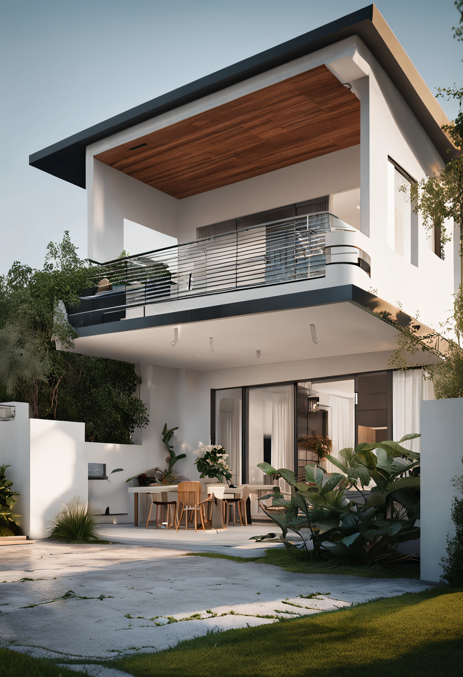 casa minimalista, 2 pisos, de color blanco y jardin con arboles