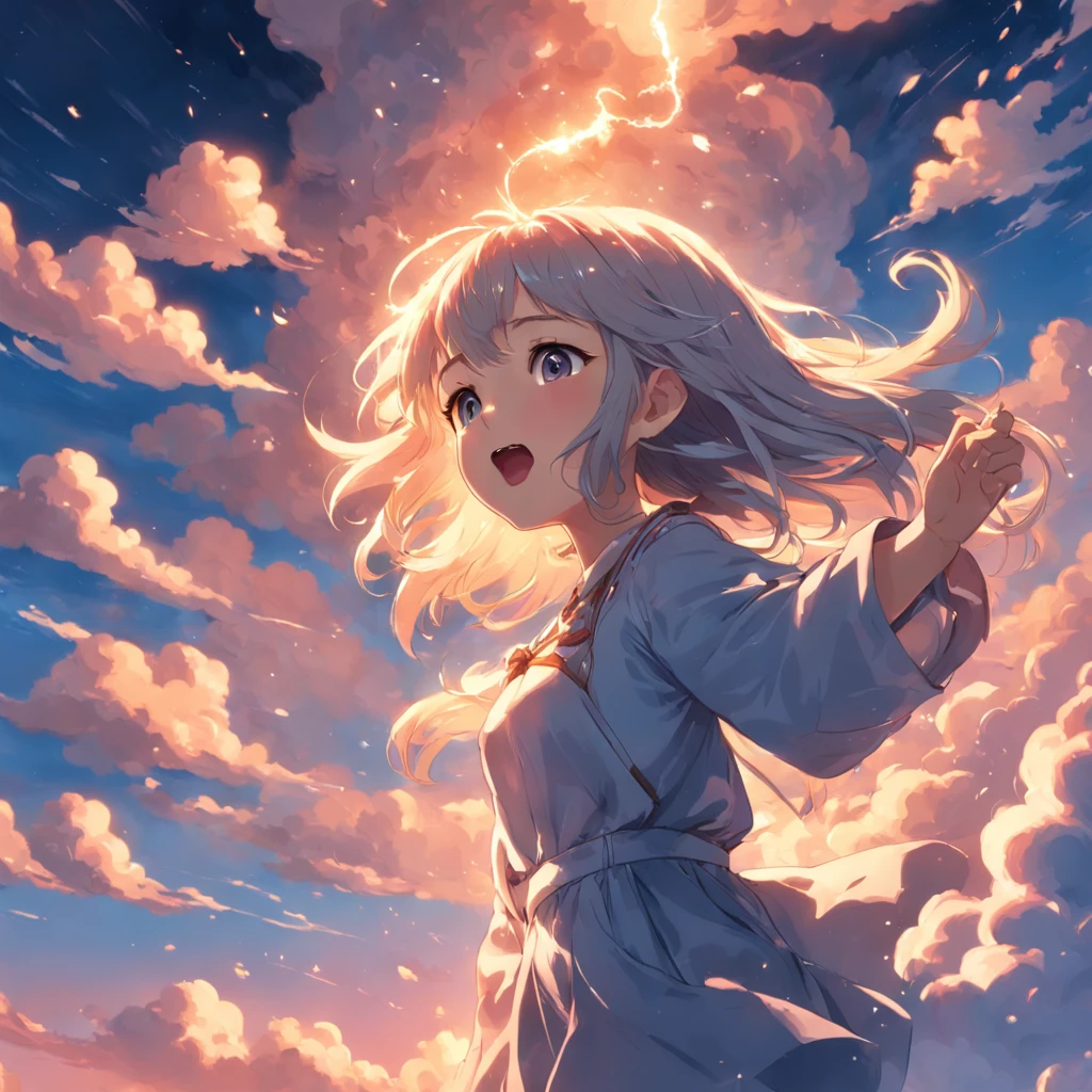 masterpiece, best quality, movie still, 1girl, cloud girl, floating in the sky, close-up, bright, happy, warm soft lighting, sunset, (sparks:0.7)