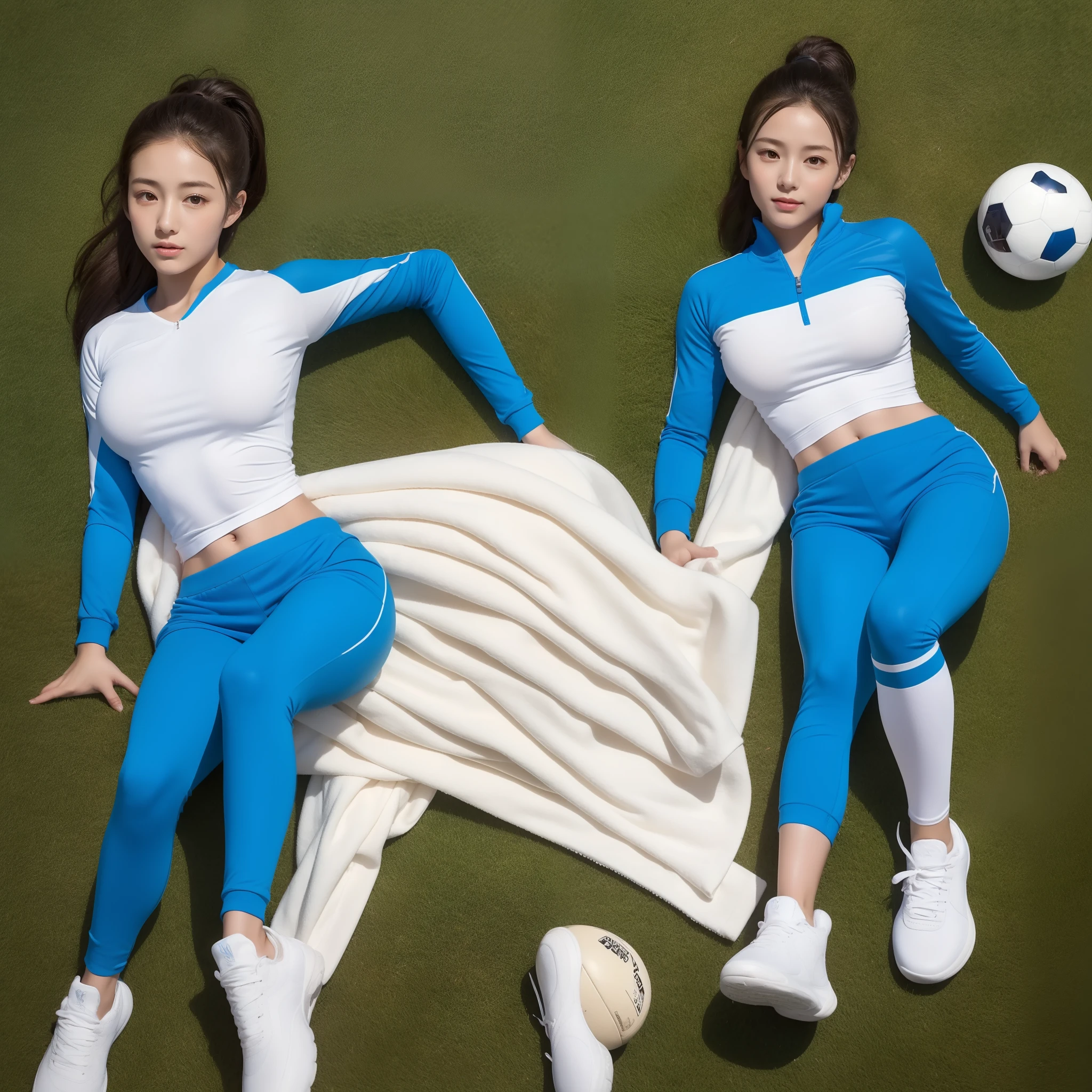 1 very beautiful female high school student，Wear blue and white tracksuits，Lying on the grass of a football field playing with a ball，（Lie on the grass:1.02），Super high value，perfect body figure，Beautiful short ponytail，Delicate hair，Fair face and skin，Beads of sweat on the forehead，Have fun on the playground，（（（The chest is huge））），Breasts are full and straight:1.5，（The tracksuit on the chest is high and bulging, Tightness and bulging:1.5），Delicate fair and soft toes，White and delicate fingers，（Delicate sneakers:1.5），Focus on the chest，fully body photo