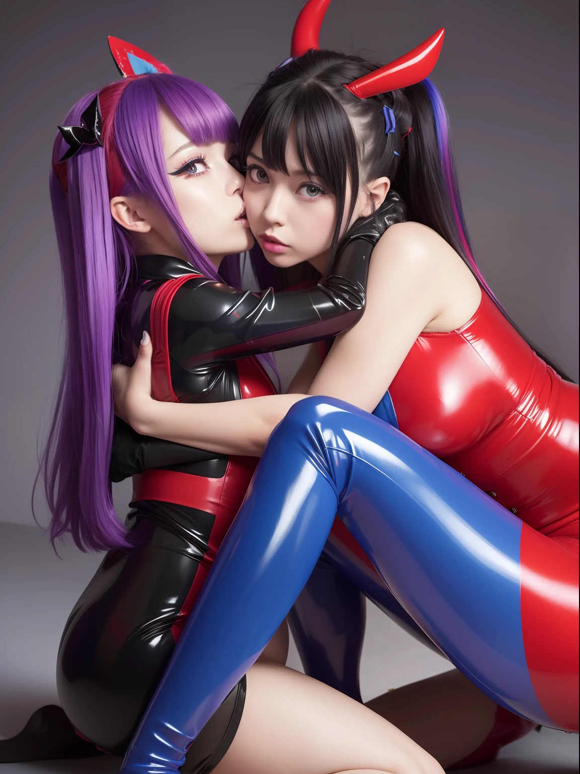 masutepiece,A hyper-realistic,32K,the Extremely Detailed CG Unity 8K Wallpapers, Best Quality,2girls,((Hugs and deep kisses)),(Blue and red latex suit),rainbow hair,(Black Latex Knee High Boots),Devil makeup,The upper part of the body,Ordinary people々In front of,Open