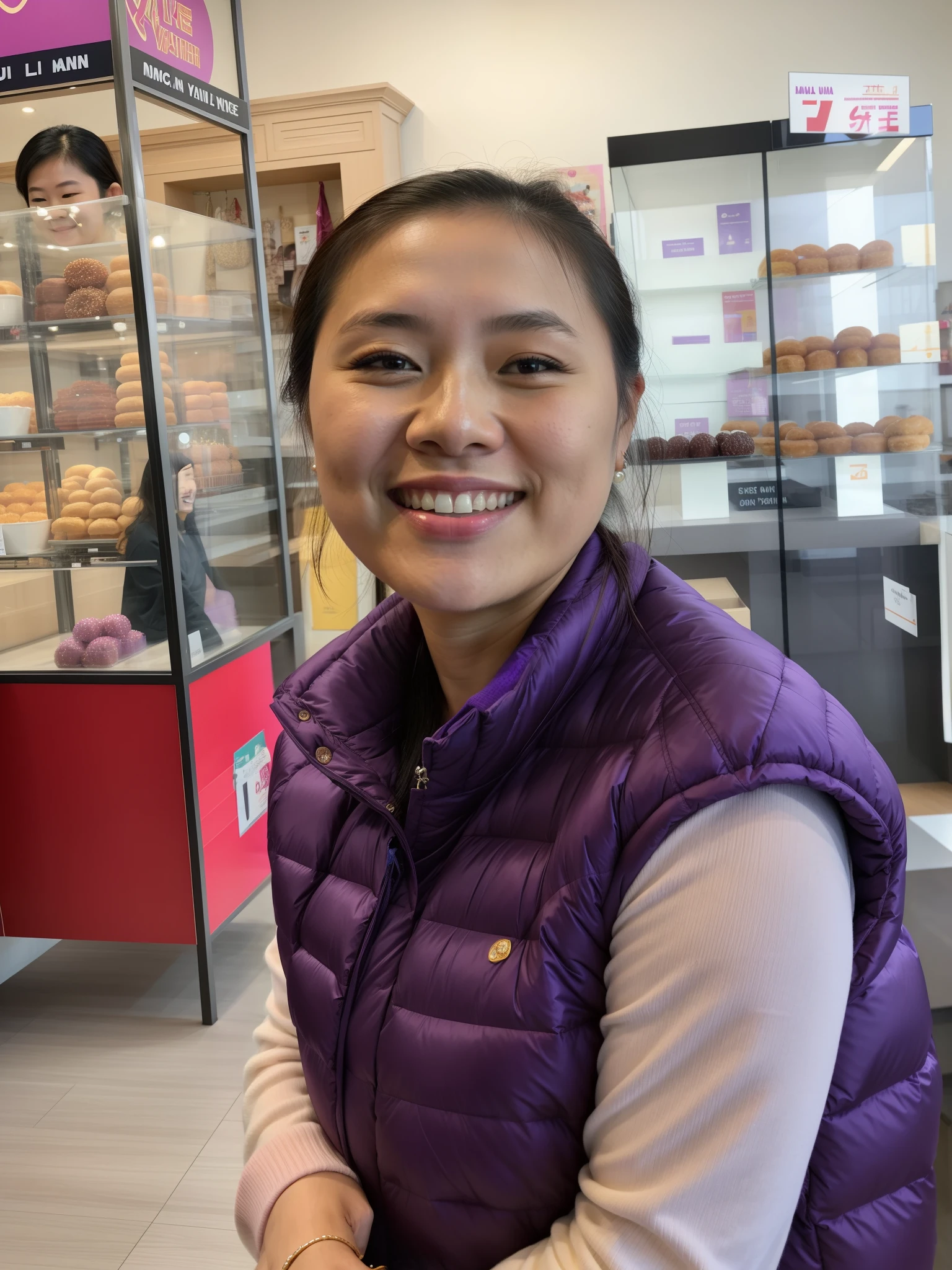 smiling woman in purple vest holding a donut in a store, mai anh tran, jen zee, joy ang, meg kimura, inspired by Ruth Jên, katherine lam, yee chong, asian female, louise zhang, vietnamese woman, gemma chen, lulu chen, taken in the early 2020s, ann long, asian woman, mei-ling zhou
