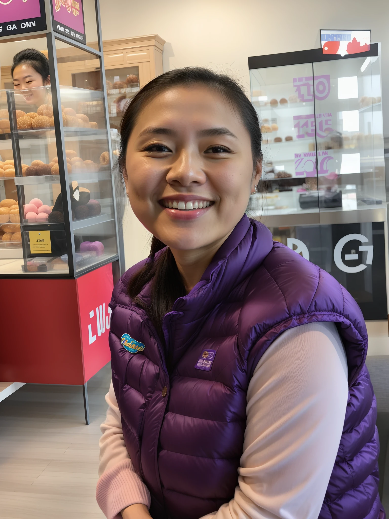 smiling woman in purple vest holding a donut in a store, mai anh tran, jen zee, joy ang, meg kimura, inspired by Ruth Jên, katherine lam, yee chong, asian female, louise zhang, vietnamese woman, gemma chen, lulu chen, taken in the early 2020s, ann long, asian woman, mei-ling zhou