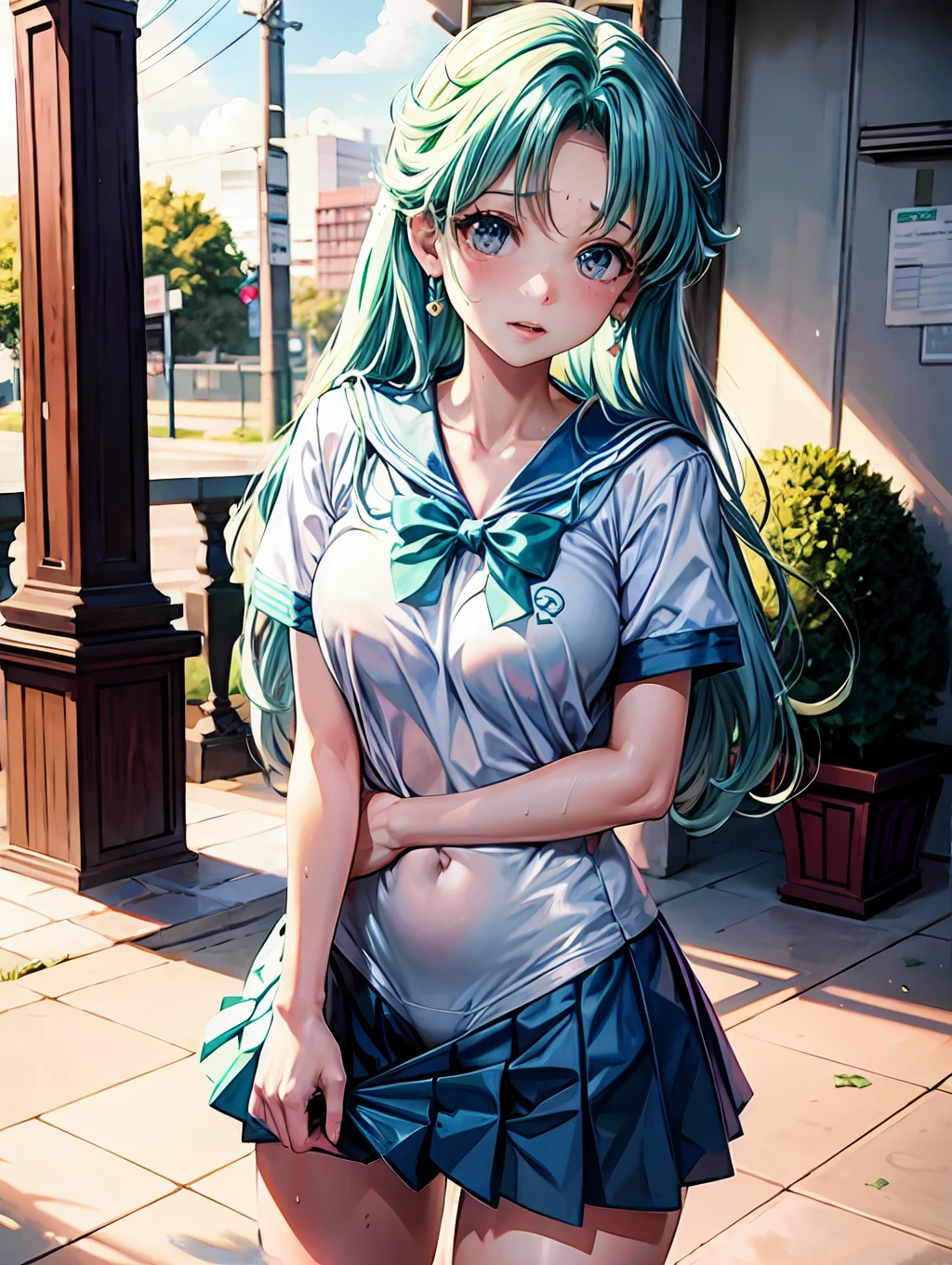 Sailor Neptune、Sailor Neptune Costume、embarrassed from、Turn around、full of sweat、Wearing sweat、Wearing sweat、full of sweat、 On the thigh、Thigh 1:5、cum in crotch、Eyes from below、