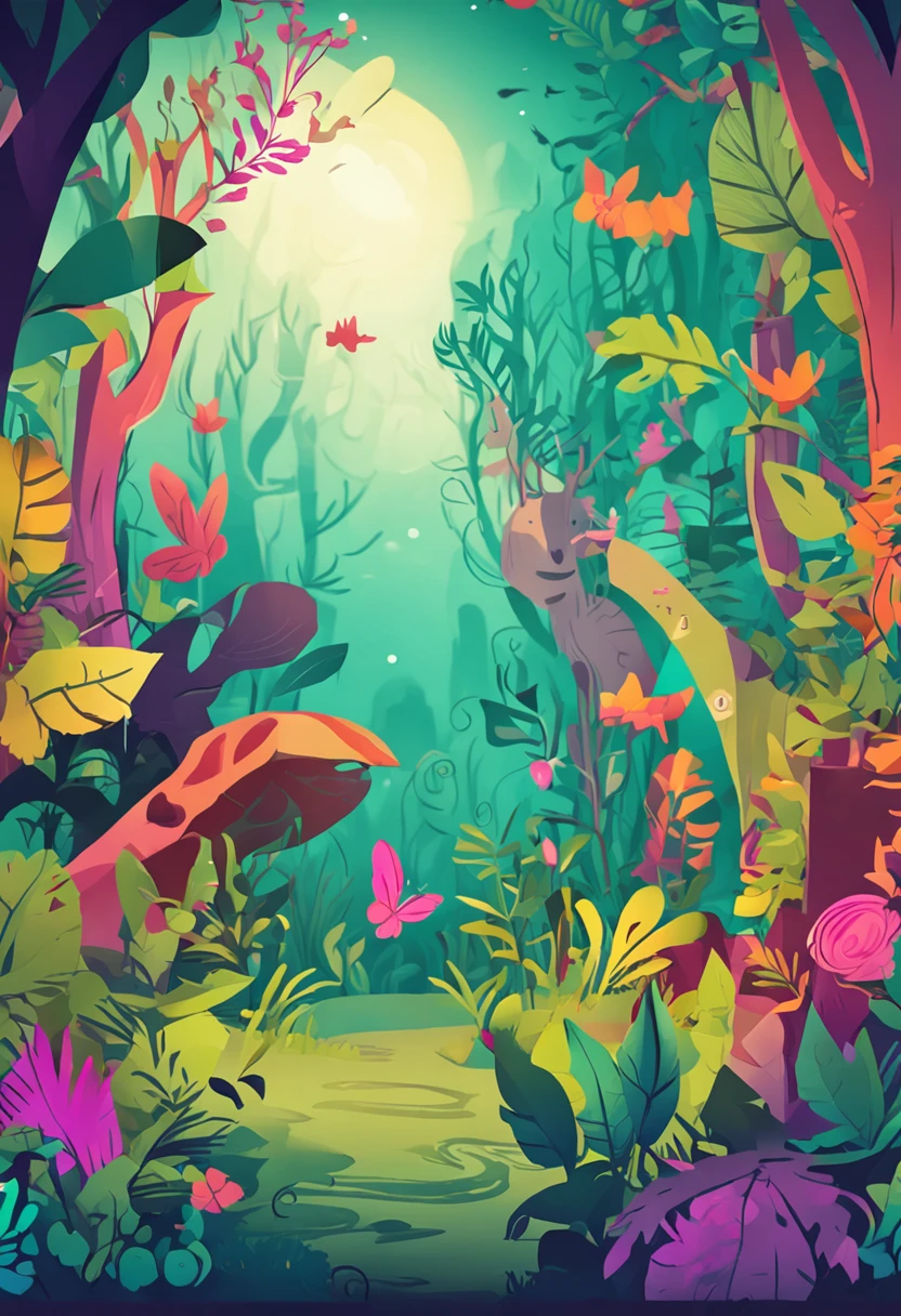 Magic Forest": Draw a charming scene of a magical forest, full of mystical creatures and lush plants. Use vibrant colors to bring your creation to life.