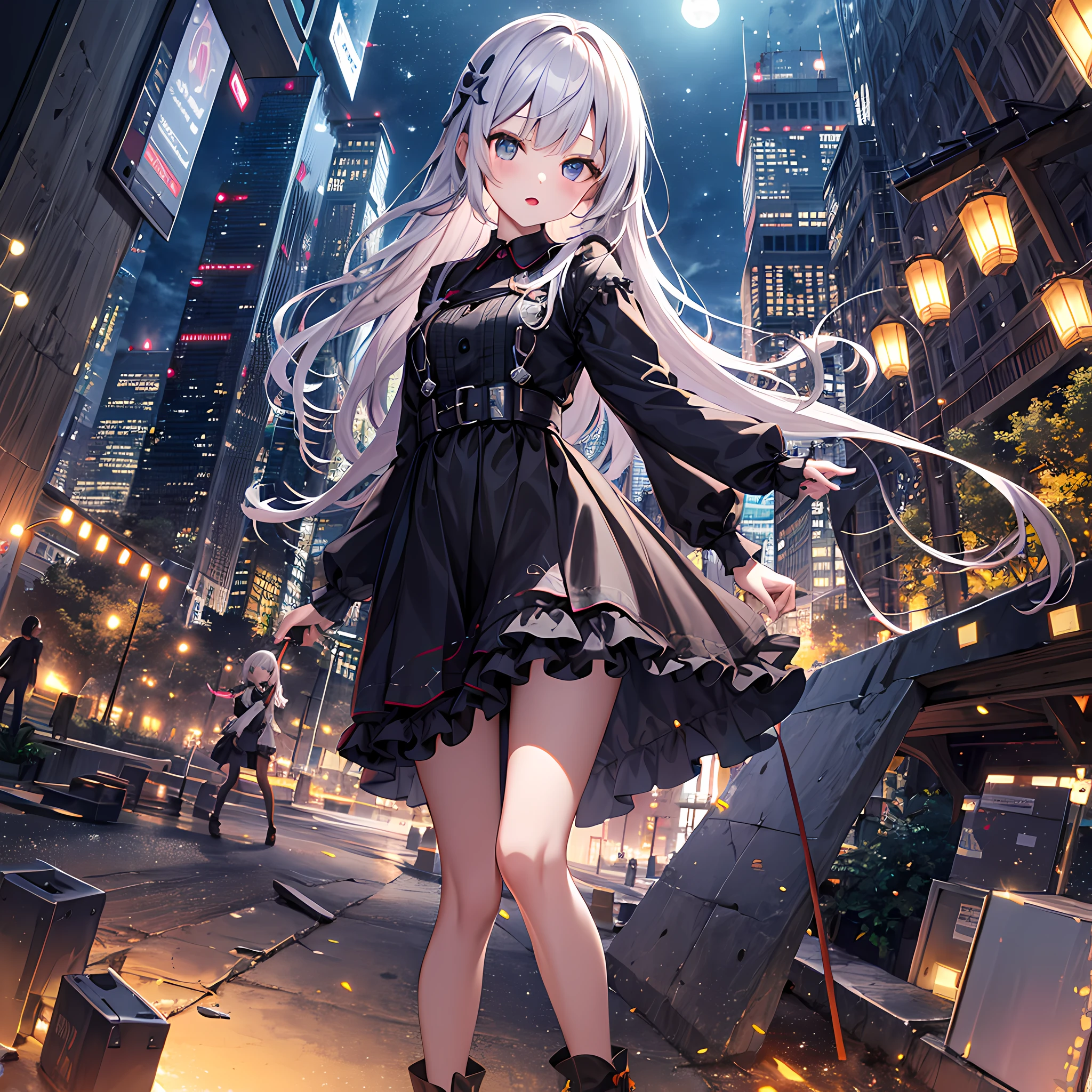 ultra detailed game CG, (High resolution:1.1),(absurderes:1.1), 1girl in, Little Girl, Solo, Simple Anime, nightcity, Overlooking the night view from a height