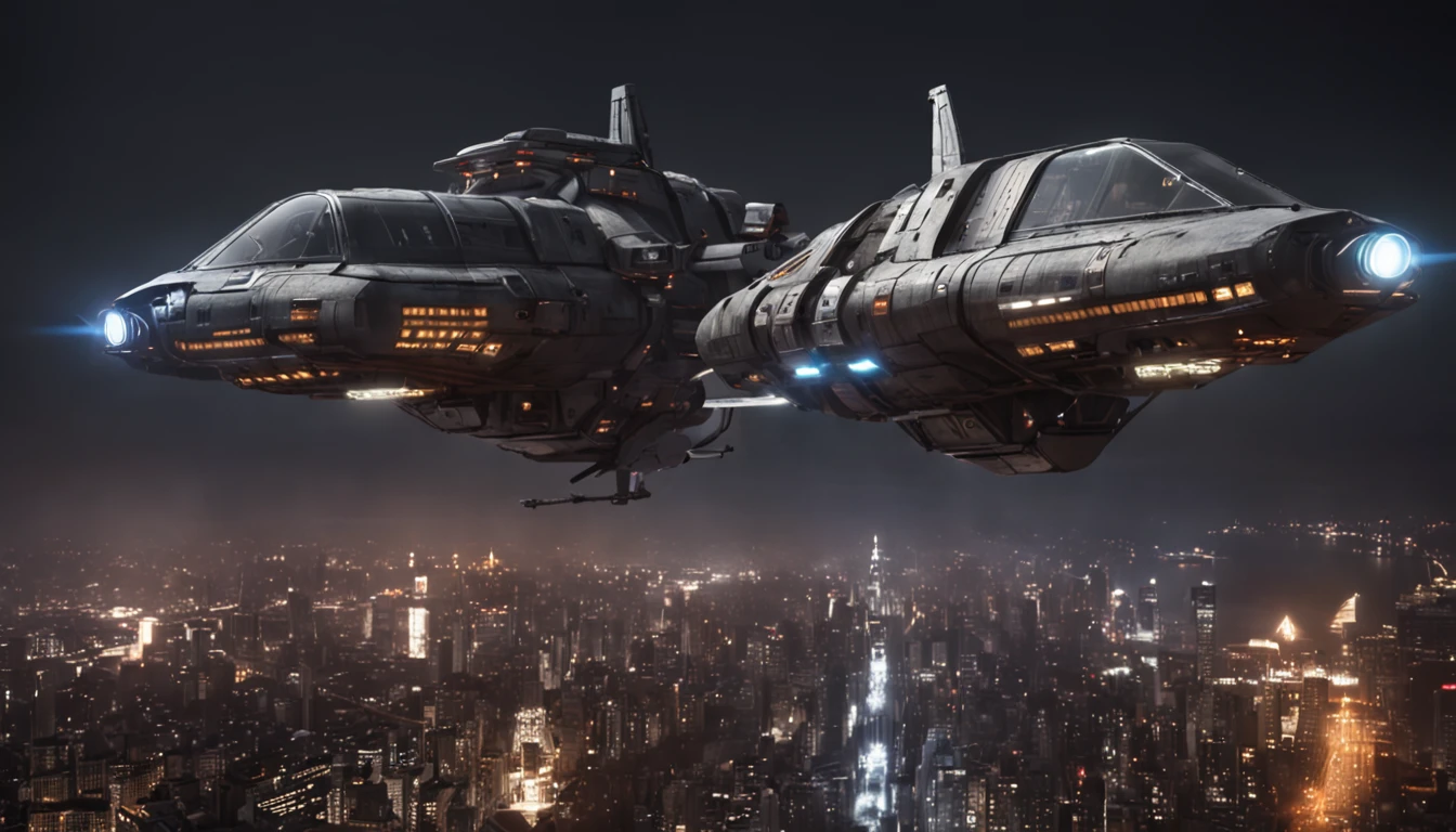 "Meisterwerk, Better quality, Standfotografie, Eine Cyberpunk-Stadt [Cyberpunk], Two huge ships fly over the city [Fliegende Schiffe], Es ist Nacht und es regnet [regnerische Nacht]"
