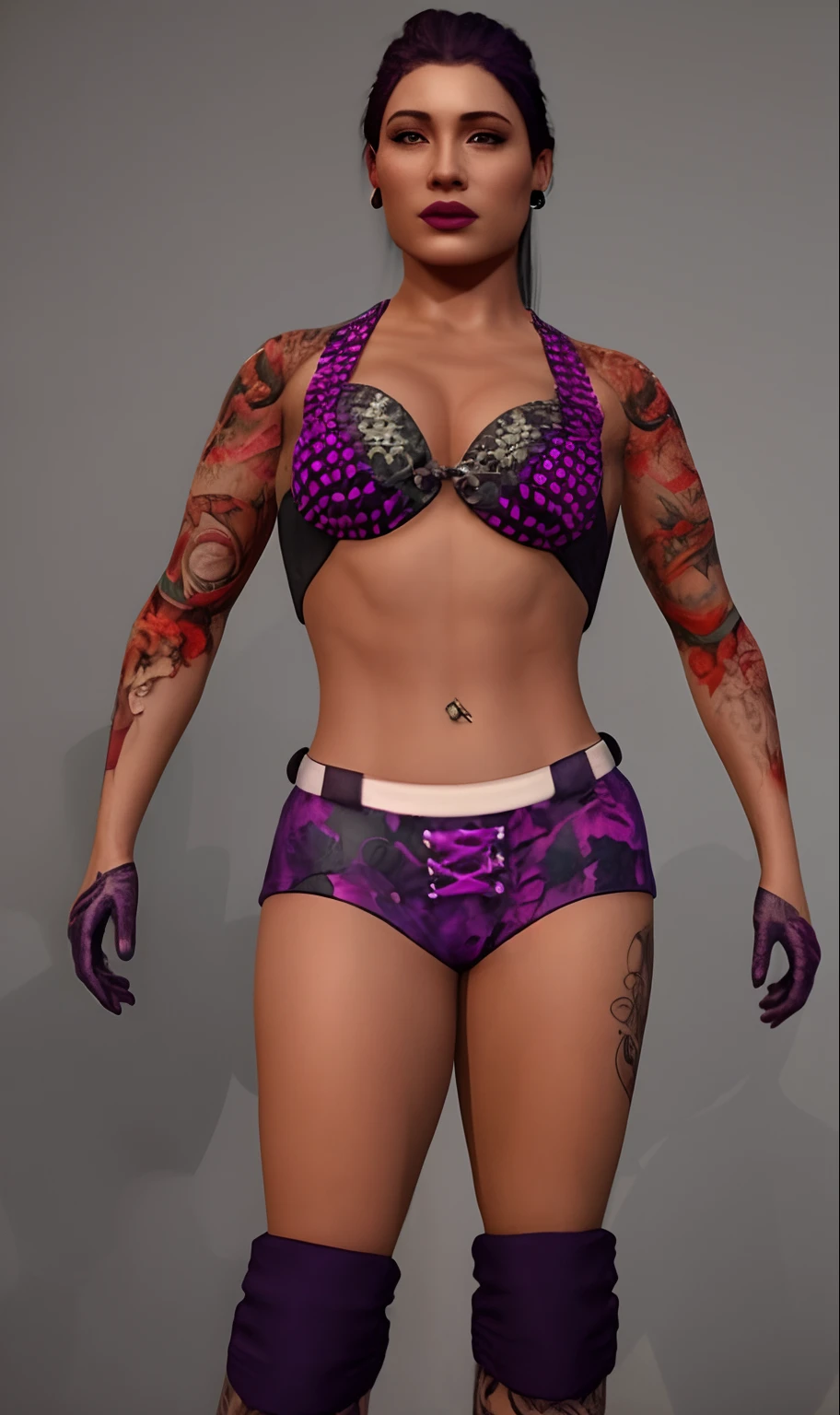 A woman with purple tattoos and underwear posing for a photo, Fully tattooed body, Beautiful realistic upper body, diesel punk female, Daz Studio Genesis Iray Femme, tattooed body, highly detailed body, soutien-gorge et shorts streetwear, Muscular ultraviolent woman, Highly detailed upper body, Detailed upper body, daz 3d, daz3d, daz 3 d, in clothes! highly detailed