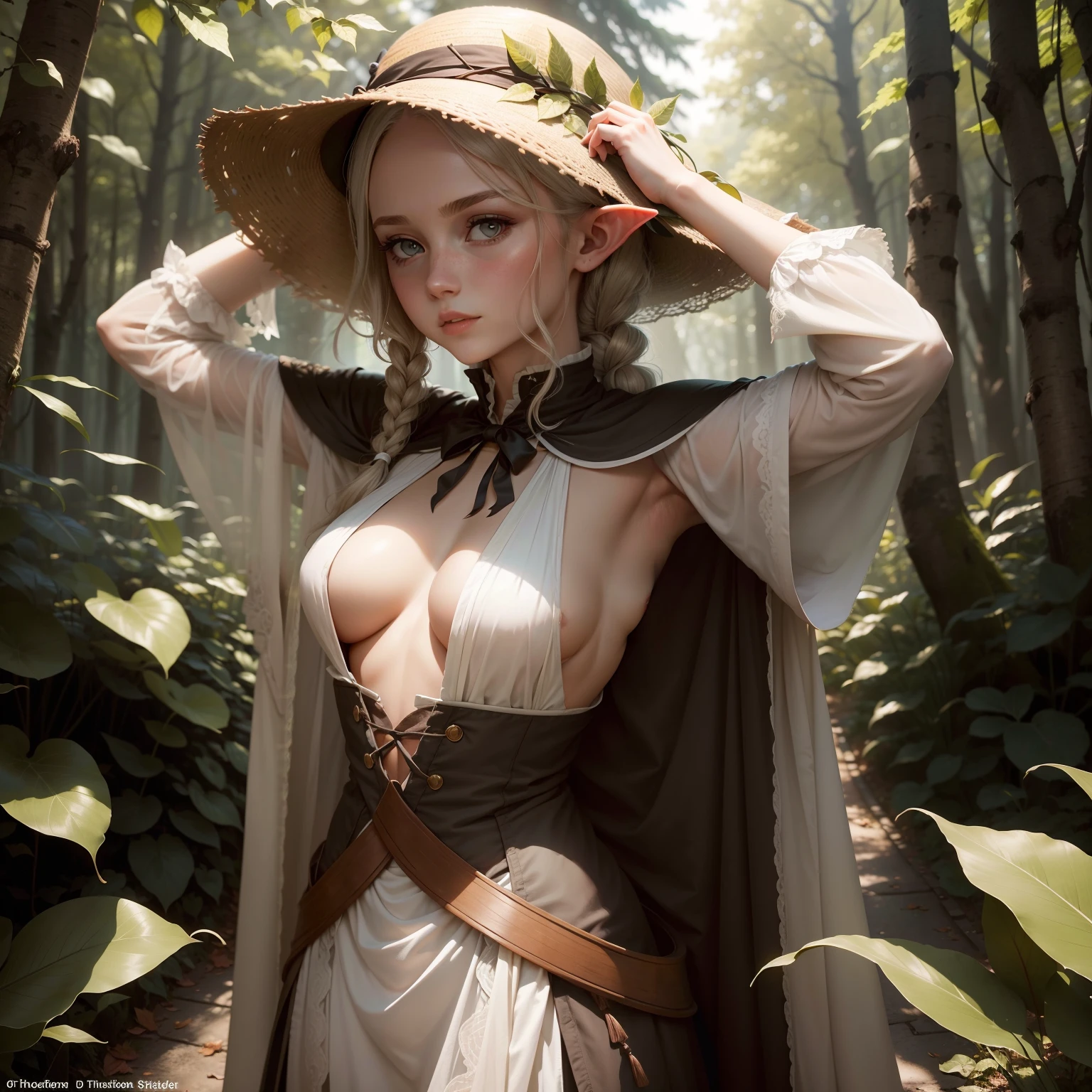 Im Hintergrund ist ein dichter Wald, A slender elf with small ,  are obscured by leaves, Sie hat lange Haare und Elfenohren aus Spitze, gekämpftes Hair, lange unordentliche offene Haare, sie hat helle haut, Sie hat langes, Lose Haare und Gebrauchsspuren (keine kopfbedeckung), a bow hangs around her shoulders, (Their body is covered only by individual leaves)