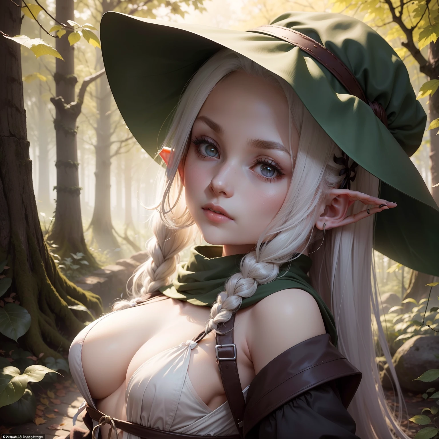 Im Hintergrund ist ein dichter Wald, A slender elf with small breasts, breasts are obscured by leaves, Sie hat lange Haare und Elfenohren aus Spitze, gekämpftes Hair, lange unordentliche offene Haare, sie hat helle haut, Sie hat langes, Lose Haare und Gebrauchsspuren (keine kopfbedeckung), a bow hangs around her shoulders, (Their body is covered only by individual leaves)