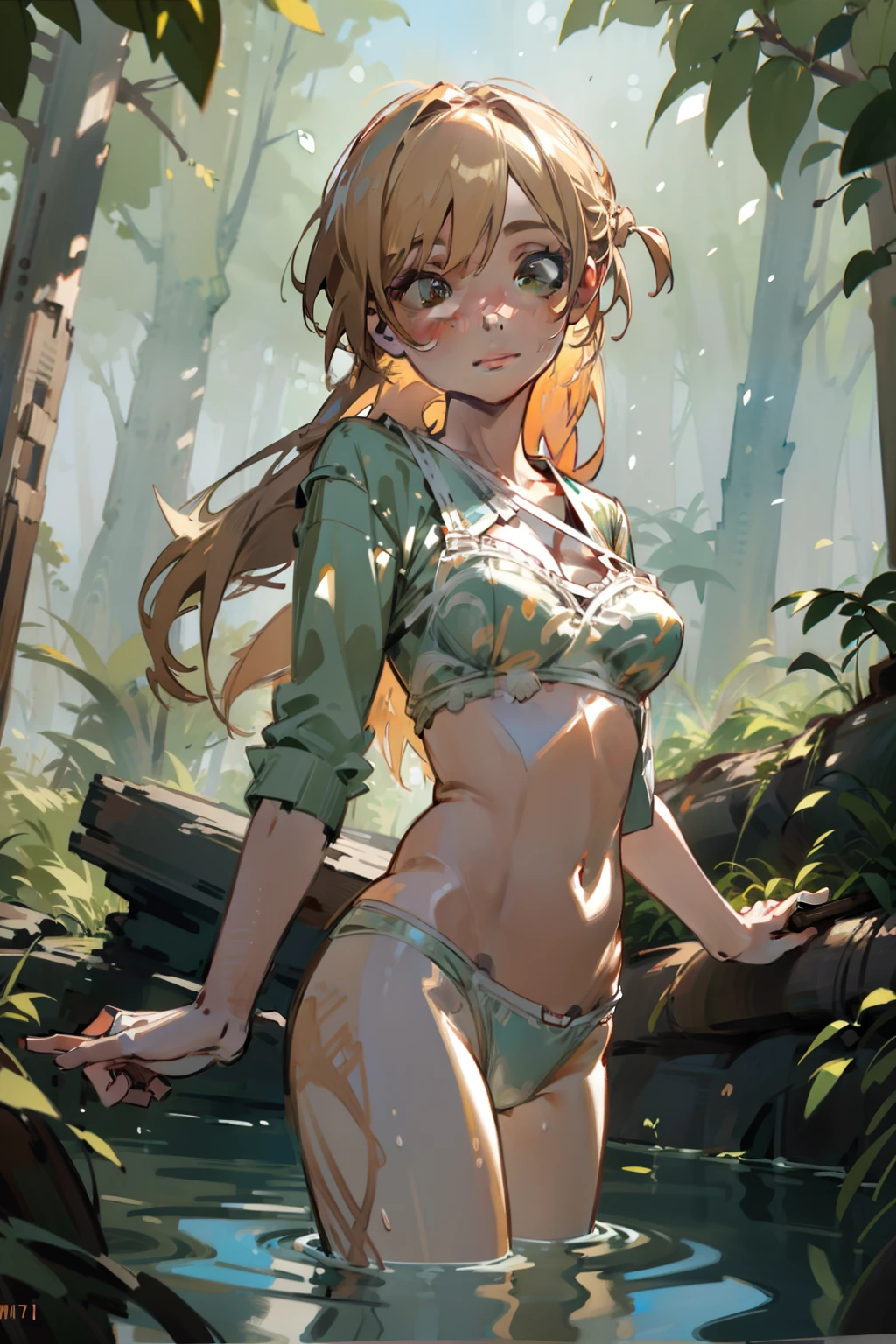 sfw,Girl with blonde hair and freckles,Girl swiming In The forest's river,1girl in,Blonde hair,Side tail,offcial art,Unity 8k,ultra-detailliert,Beautiful and aesthetic,masutepiece,top-quality,dynamic ungle,cowboyshot,Timost Beautiful Chaos Formo,Elegant,Abralist Design,vivd colour,romanticism,watercolor paiting, bra,((underwear))