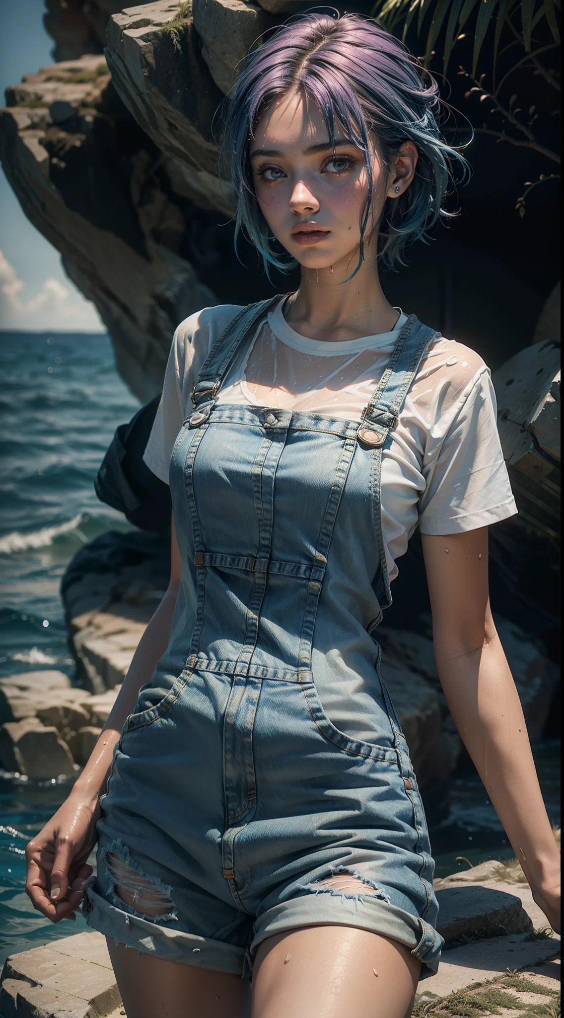 an 18-year-old girl wearing a wet short denim jumpsuit, seios grandes, Rainbow colored hair on sea bottom, bolhas e peixes em volta, Profile image of the camera angle from bottom to top, Ultra realistic 8k cinematic climate with details