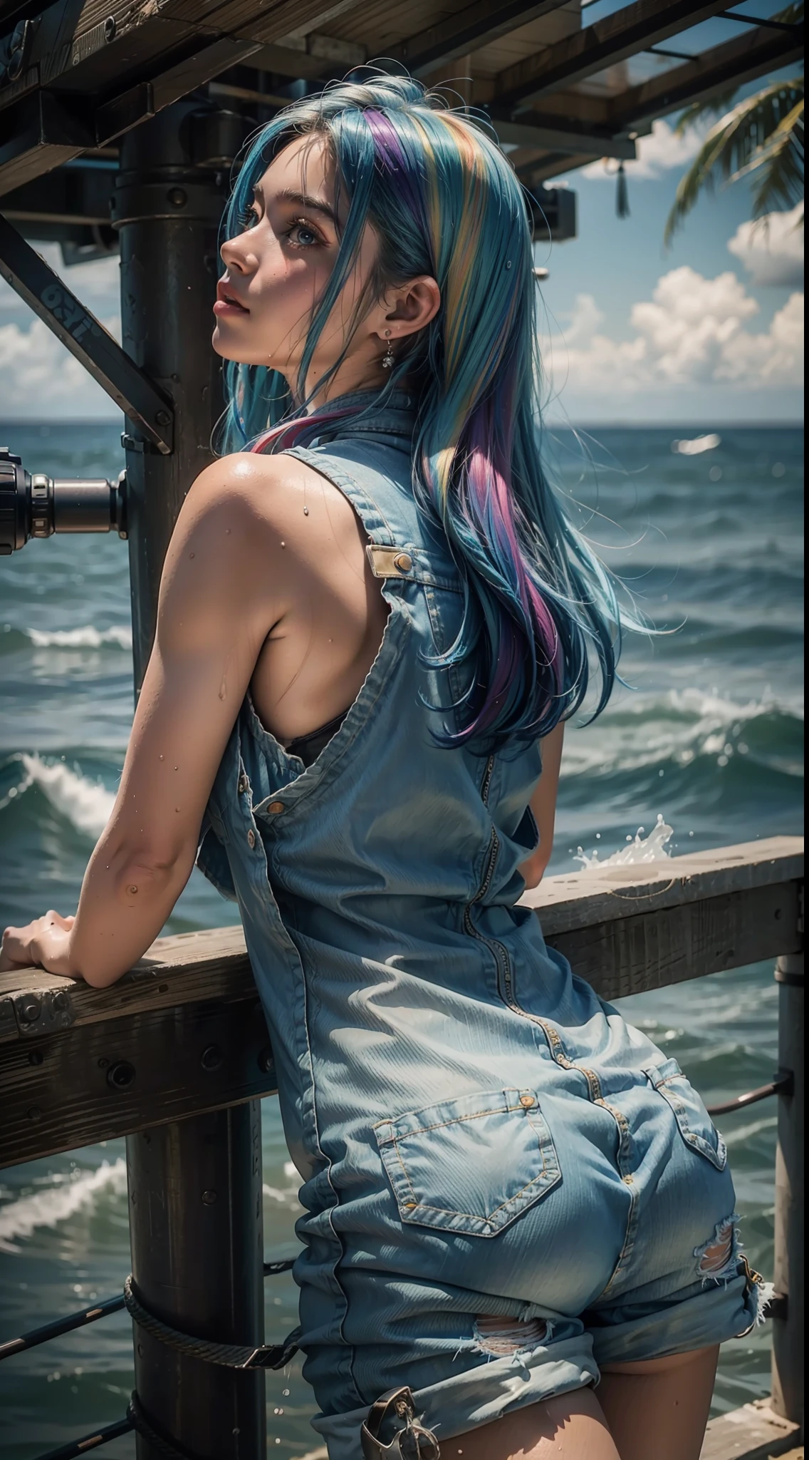 an 18-year-old girl wearing a wet short denim jumpsuit, seios grandes, Rainbow colored hair on sea bottom, bolhas e peixes em volta, Profile image of the camera angle from bottom to top, Ultra realistic 8k cinematic climate with details