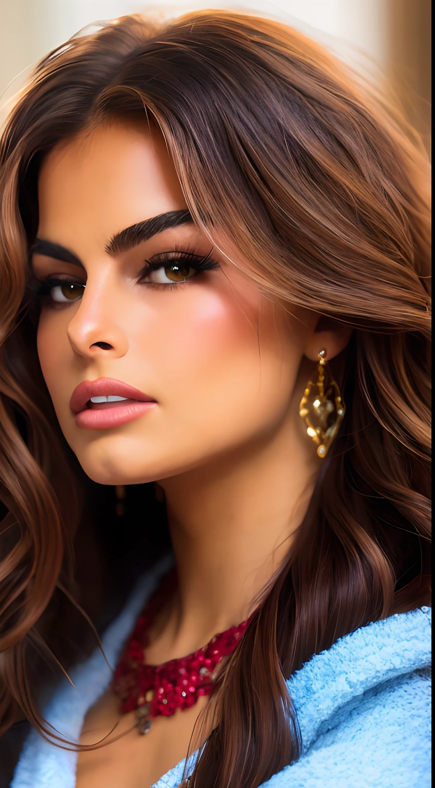 Eva Mendes with 23 years(, incredibly absurd long brown hair, ultra-detailed, CG, unit, wallpaper 8k), (masterpiece), (realistic), (photorealistic: 1.2), (raw photo: 1.2), (best quality: 1.2), (detailed face: 1.4), (beautiful detailed eyes: 1.2), (detailed hair), light on face, huge file size, cinematic lighting, 1 girl, sexy, nsfw, eyeliner, kawaii, student, long hair, brown hair,  ((wavy hair)), hair ornament, ((light blush)), ((soft under the eyes)), ((expressionless eyes)), blue eyes, ((large breasts)), fashi-g, red lips, makeup, shirtlift, ((black sweater dress)), black knees, high heels, jewelry, earrings, necklace, looking at the viewer, depth of field,