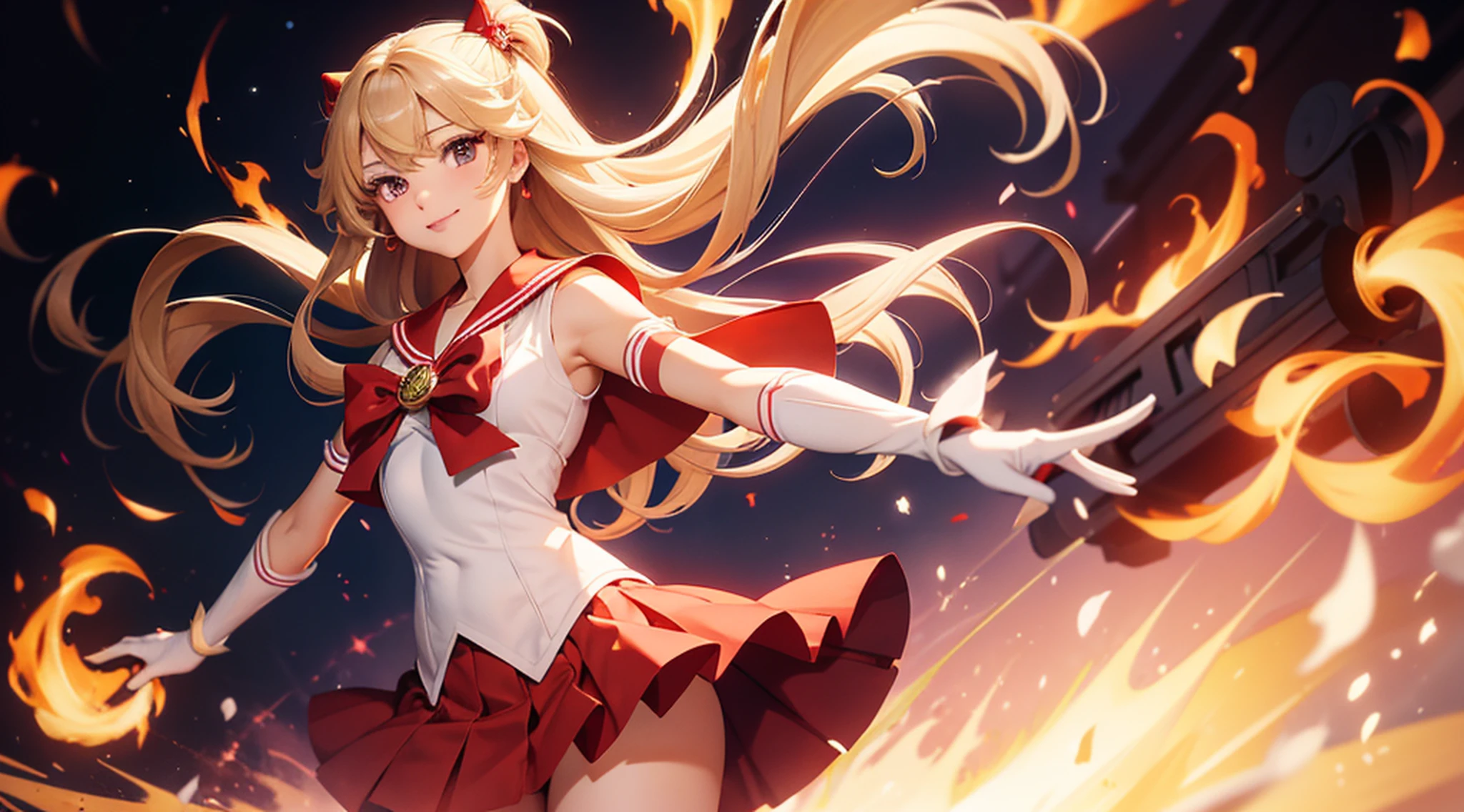 masterpiece, best quality, absurdres, perfect antomy, 1girl, solo, SMMars, very long hair, parted bangs, sailor senshi uniform, red sailor collar, red skirt, elbow gloves, standing, cowboy shot, smile, cartoon flames in background, stylized background
