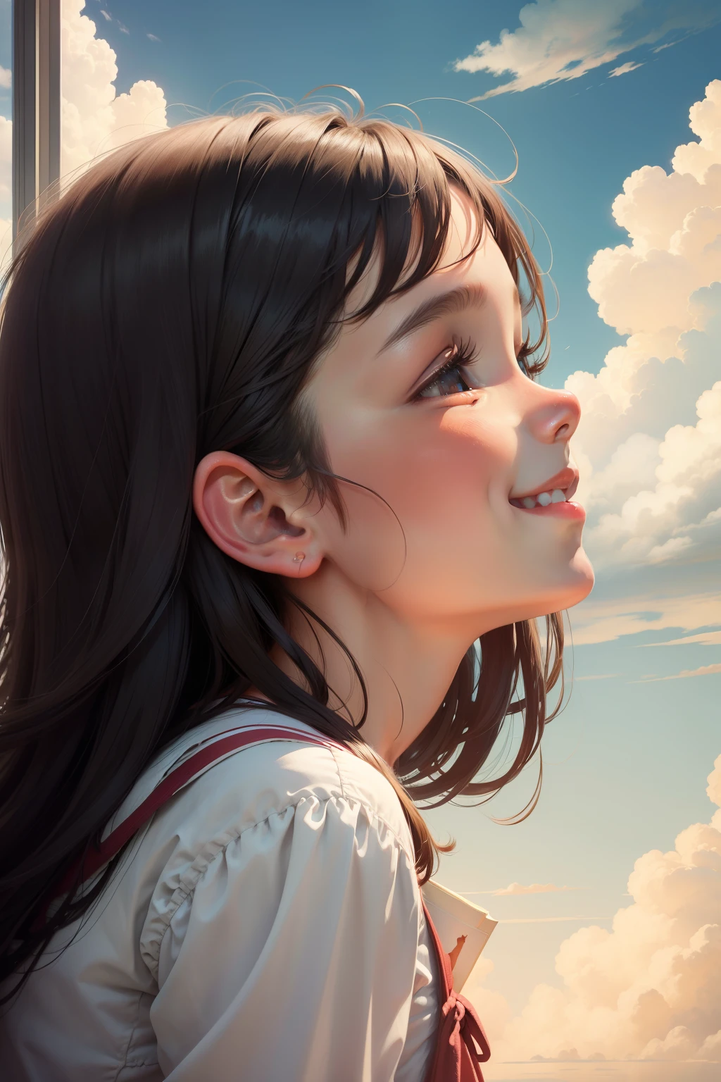 Illustrations, children's books,
Side view of a smiling girl looking up at clouds.