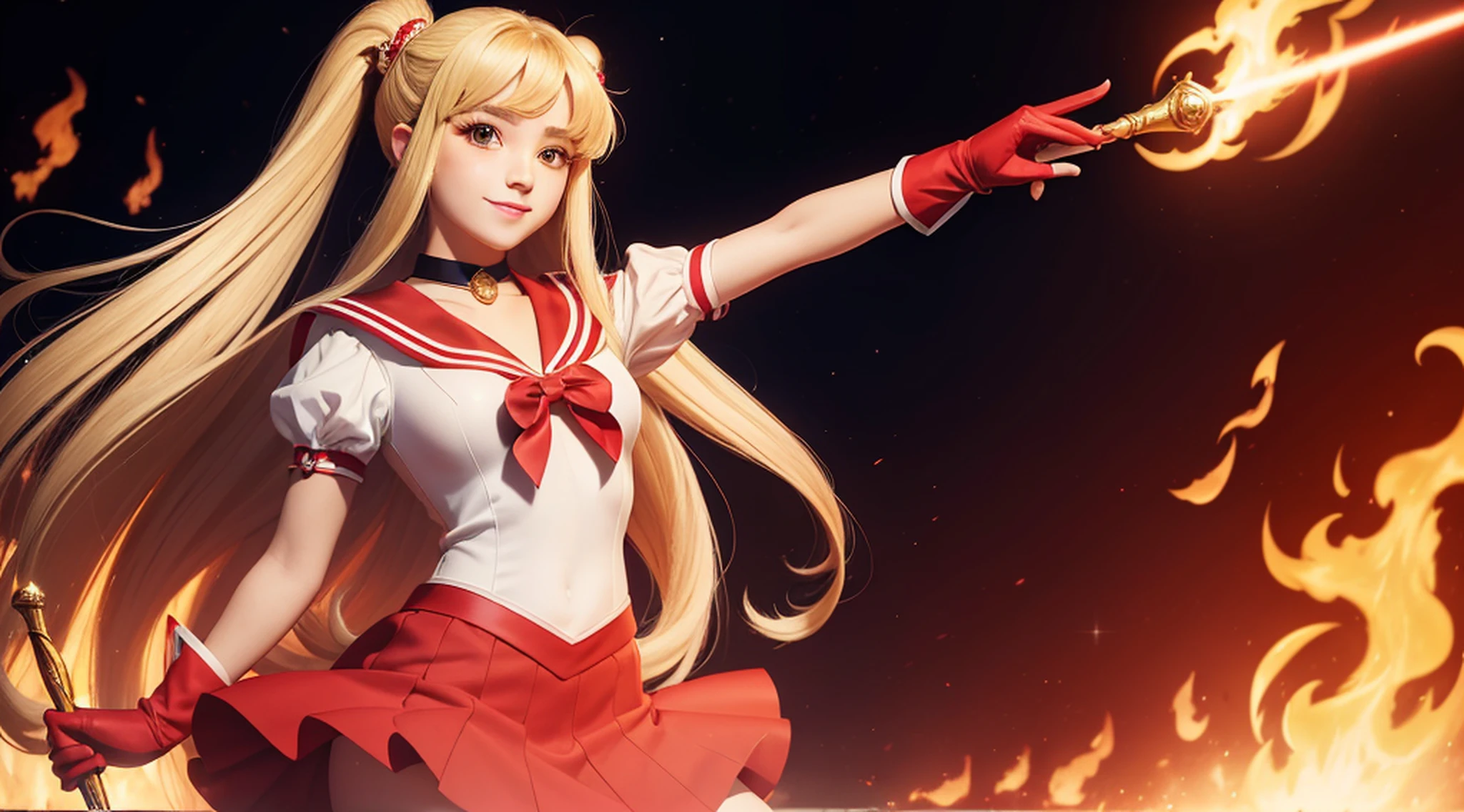 masterpiece, best quality, absurdres, perfect antomy, 1girl, solo, SMMars, very long hair, parted bangs, sailor senshi uniform, red sailor collar, red skirt, elbow gloves, standing, cowboy shot, smile, cartoon flames in background, stylized background