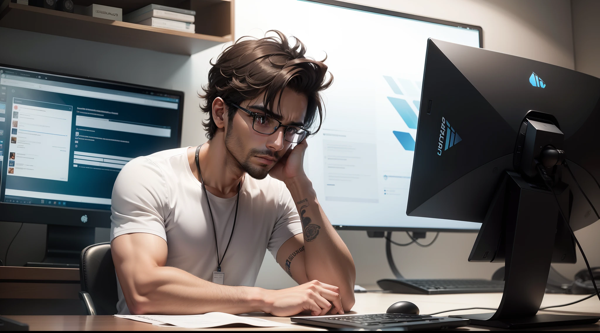 um homem que estava trabalhando na frente do seu computador se distrai com um jogo no de bolinhas no seu celular