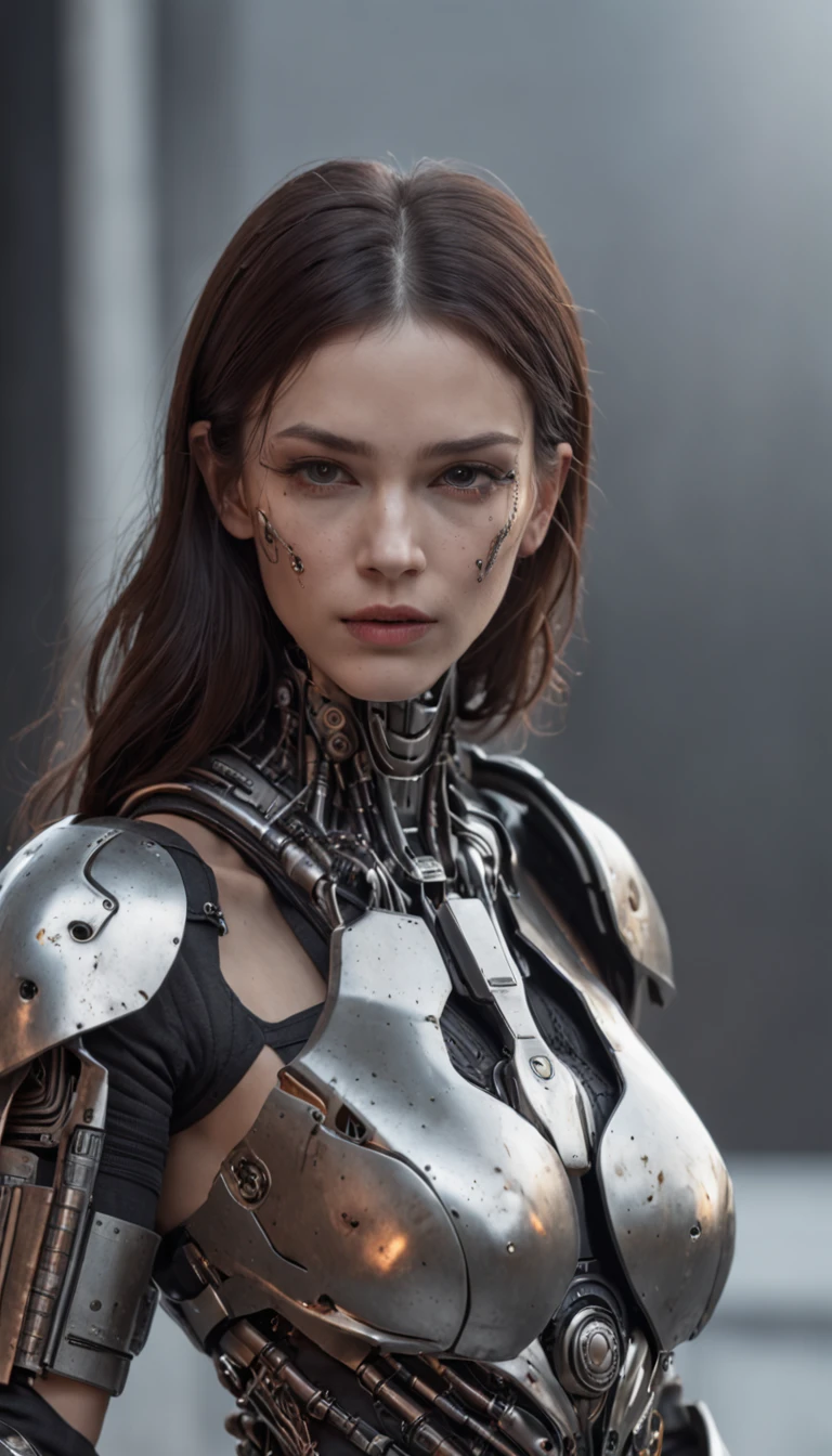 a beautiful cyborg warrior in style RustMagic, Der Aufstieg von Cyberpunk, Cyberware, Cyborg, Kohlefaser, Chrom, Implantate, Totenkopf aus Metall, Cybernetic plate armor, (somber atmosphere:1.2), (diente & Rauch), (Dunkle Nacht:1.3), Narben, (zerzaustes, mittellanges, dunkles Haar:1.1), (Lidschatten:1.1), (Beautifully detailed brightness:1.2), (Filmische Beleuchtung), Komplizierte Details, High resolutions, Abgerundete Augen, detailed facial features, scharfer Fokus, GLATT, aesthetic, Detaillierter dunkler industrieller Fabrikhintergrund, Elegante Posen, Dynamische Pose, (Dramapaint)