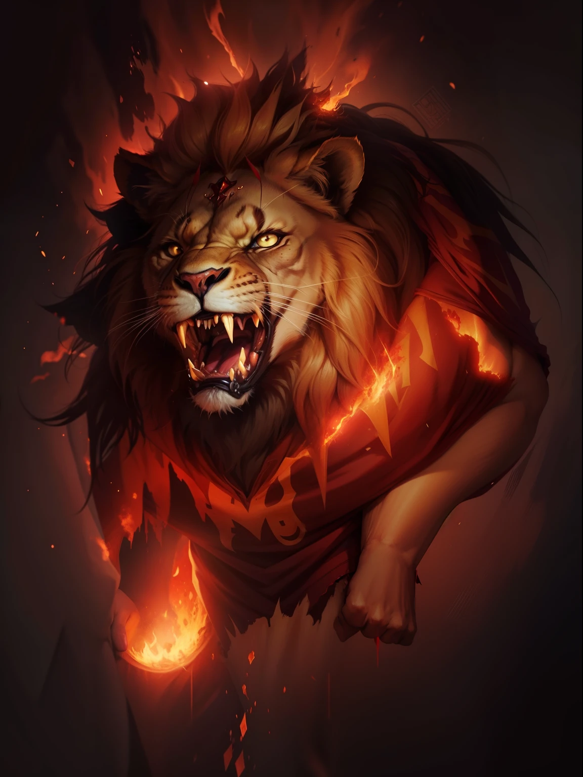 Mighty lion with eyes of fire, vestido com um manto de sangue