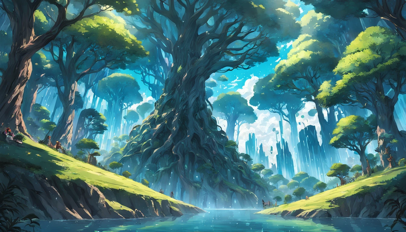 Um surrealista、Sobrenatural、Super sky scene illustration,A huge crystal tree、Very detailed and magical lighting、detalhes intrincados da floresta、Surrounding vegetation and rivers、punk solar、scenecy、giant tree、Folhas verdes bonitas、Beautiful lighting and realistic proportions,Como se fosse um pano de fundo de filme,8k,HighestQuali,tmasterpiece,Clouds and stars in the sky。