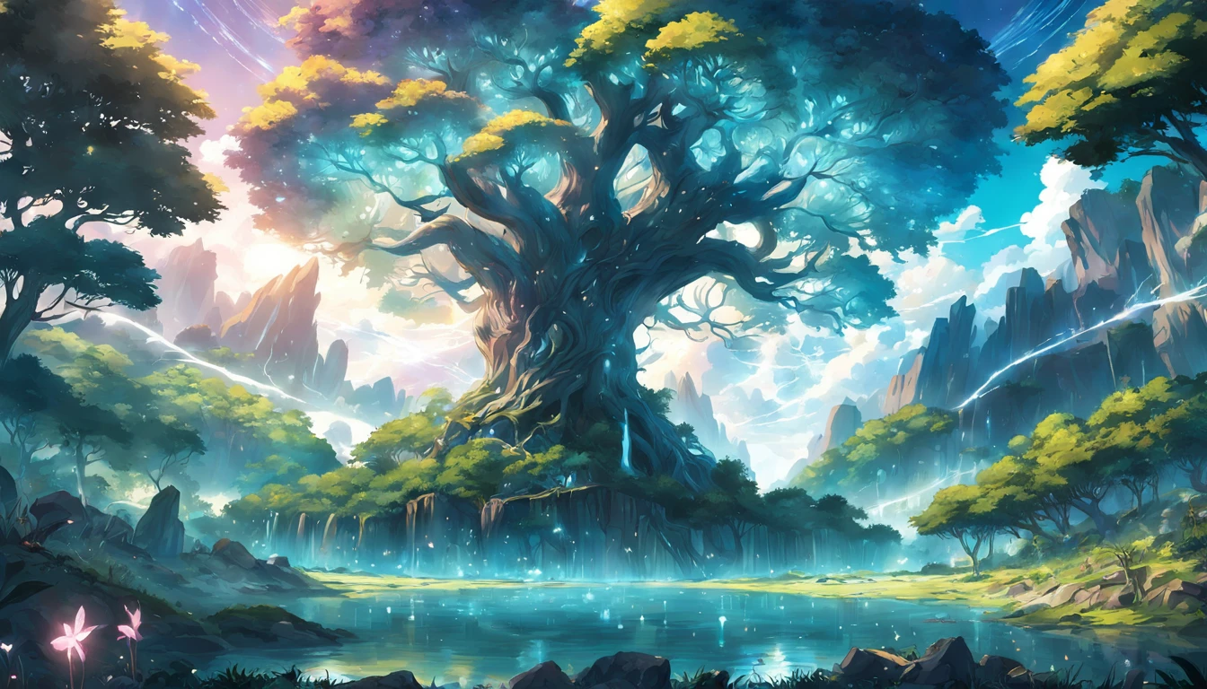 Um surrealista、Sobrenatural、Super sky scene illustration,A huge crystal tree、Very detailed and magical lighting、detalhes intrincados da floresta、Surrounding vegetation and rivers、punk solar、scenecy、giant tree、Folhas verdes bonitas、Beautiful lighting and realistic proportions,Como se fosse um pano de fundo de filme,8k,HighestQuali,tmasterpiece,Clouds and stars in the sky。