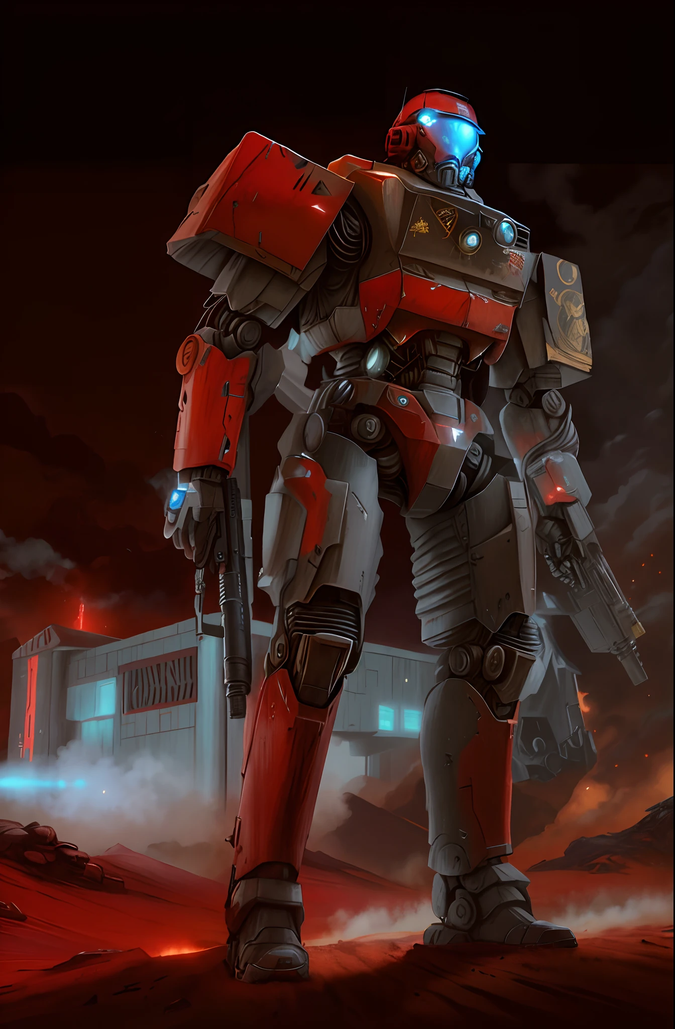 there is a robot that is standing in the dirt, Mech vermelho de corpo inteiro, veste uma armadura de poder, Precipitation power armor, mecha vermelha, Mech descartado no fundo, clothed in sci-fi military armor, Standing in wastelands relanpago in the sky, Retrato de um Mech, terno mech, Power Armor, mecha de corpo inteiro, Soldado espacial em Marte com uma arma, armadura pesada vermelha