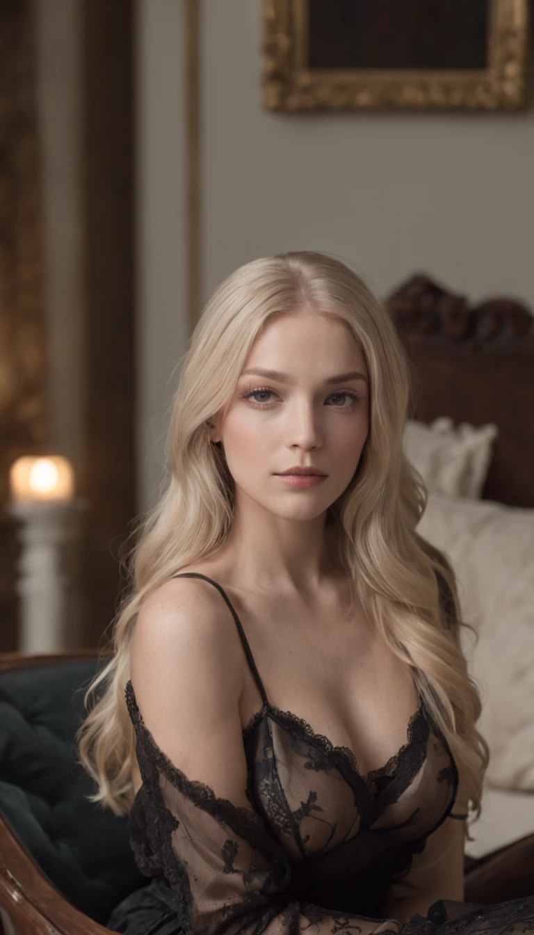 blonde woman in black lingerie, luxury underwear, sitting on sofa in dimly lit mansion leaning forward