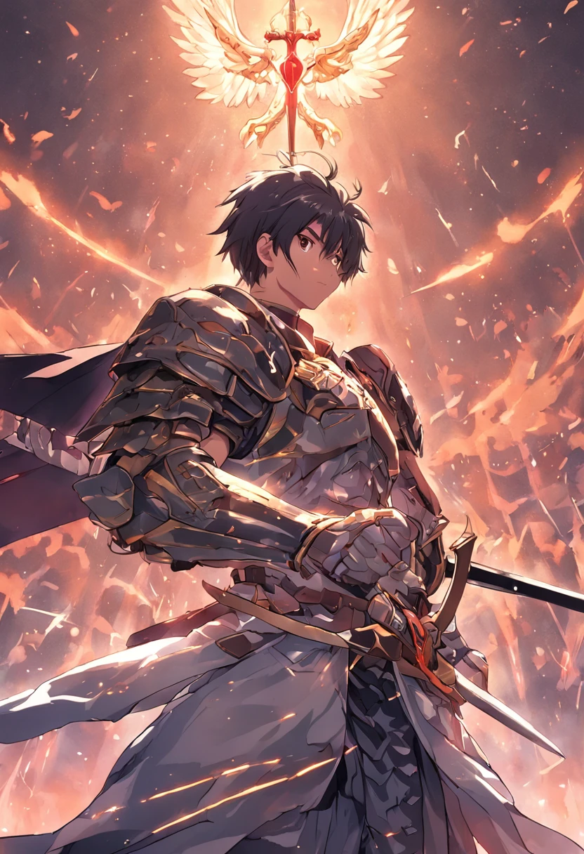 anjo guerreiro com armadura dourada e escudo e espada preparado para batalha