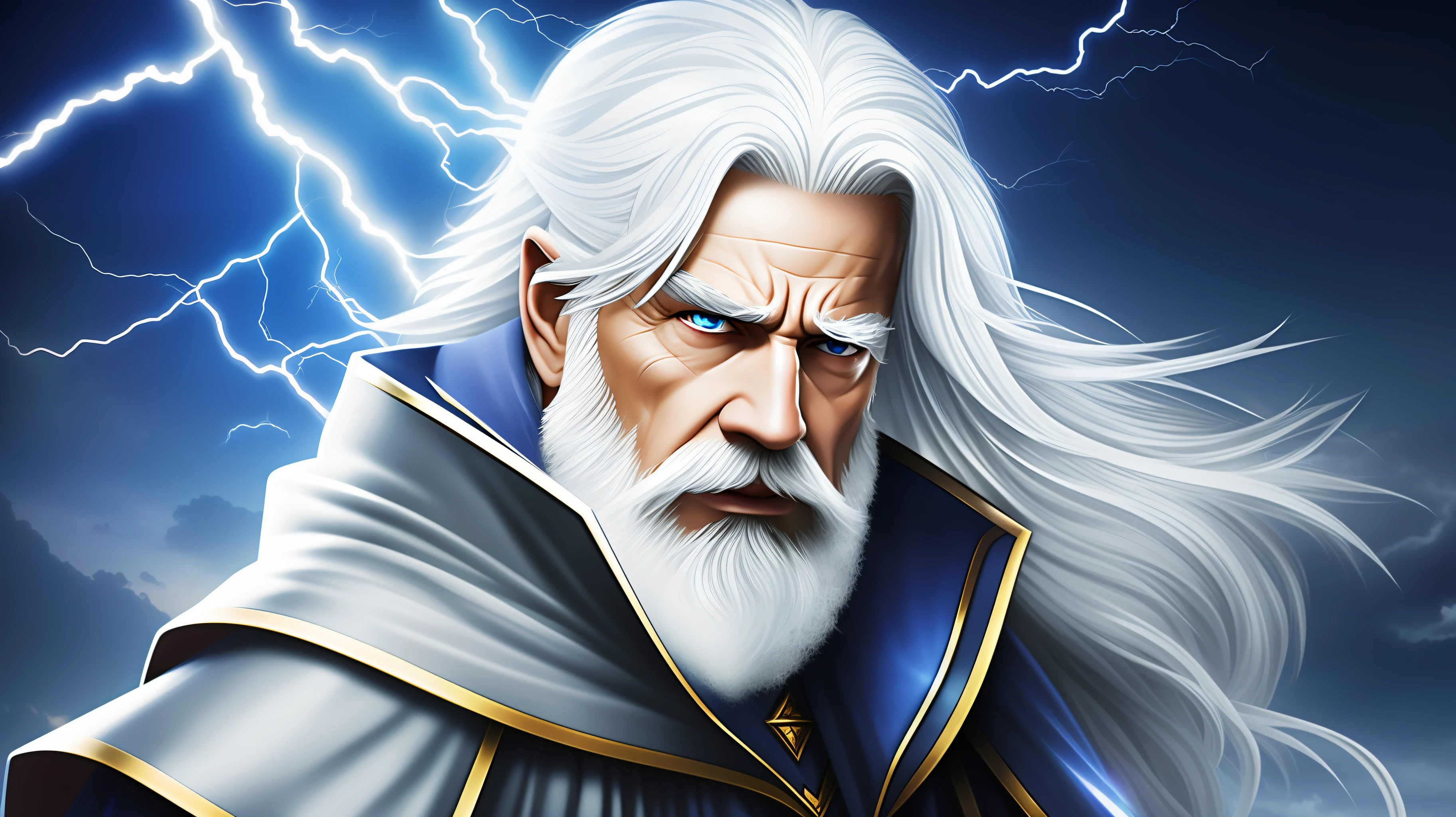 Wizard with white eyes white hair, lightning