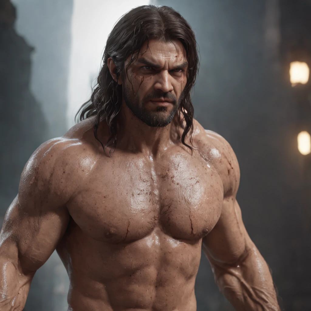 (professional 3d render:1.3) af (Realistic:1.3) most beautiful artwork photo in the world，Features soft and shiny male heroes, ((Epic hero fantasy muscle man rough wet hero angry look long hair short beard and ferocious expression in dynamic pose, Fantastic location, Majestic cluttered environment)), full body 8k unity render, action  shot, skin pore, very dark lighting, heavyshading, Detailed, Detailed face, (vibrant, photograph realistic, Realistic, Dramatic, Dark, Sharp focus, 8K), (Old leather garments damaged by weathering:1.4), ((((Wear fur)))), (Intricate:1.4), decadent, (Highly detailed:1.4), Digital painting, rendering by octane, art  stations, concept-art, smooth, Sharp focus, illustration, Art germ, (loish:0.23), wlop ilya kuvshinov, and greg rutkowski and alphonse mucha gracias, (Global illumination, Studio light, volumettic light), heavy rain, particles floating, lotr, fantasy, elf, full bodyesbian, ((Dark and ancient city background:1.3)),CGSesociety,art  stations