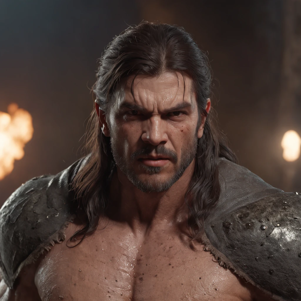 (Professional 3D Rendering:1.3) in the (Realistic:1.3) The most beautiful artwork photos in the world,Features soft and shiny male heroes, ((Epic Hero Fantasy Muscle ManRough Wet Hero Angry Long Hair Short Beard and Ferocious Expression in Dynamic Pose, fantastic location, majestic cluttered environment)), Full body 8K unity rendering, action SHOT, skin pore, Very dark lighting, Heavy shading, Detailed, Detailed face, (Vibrant, photos realistic, Realistic, Dramatic, Dark, Sharp Focus, 8K), (Old leather garments damaged by weathering:1.4), ((((Wear fur)))), (Convoluted:1.4), Decadent, (Highly detailed:1.4), Digital Painting, rendering by octane, art stations, concept-art, Smooth, Sharp Focus, Illustration, Art Germ, (Roisch:0.23), Vlop Ilya Kuvshinov, Gregg Rutkowski and Alphonse Mucha Gracias, (Global Illumination, studio lights, volumettic light), Heavy rain, particles floating, lotr, Fantasy, elf, full body Esbian, ((Dark ancient city background:1.3)),CG Sessa,art stations