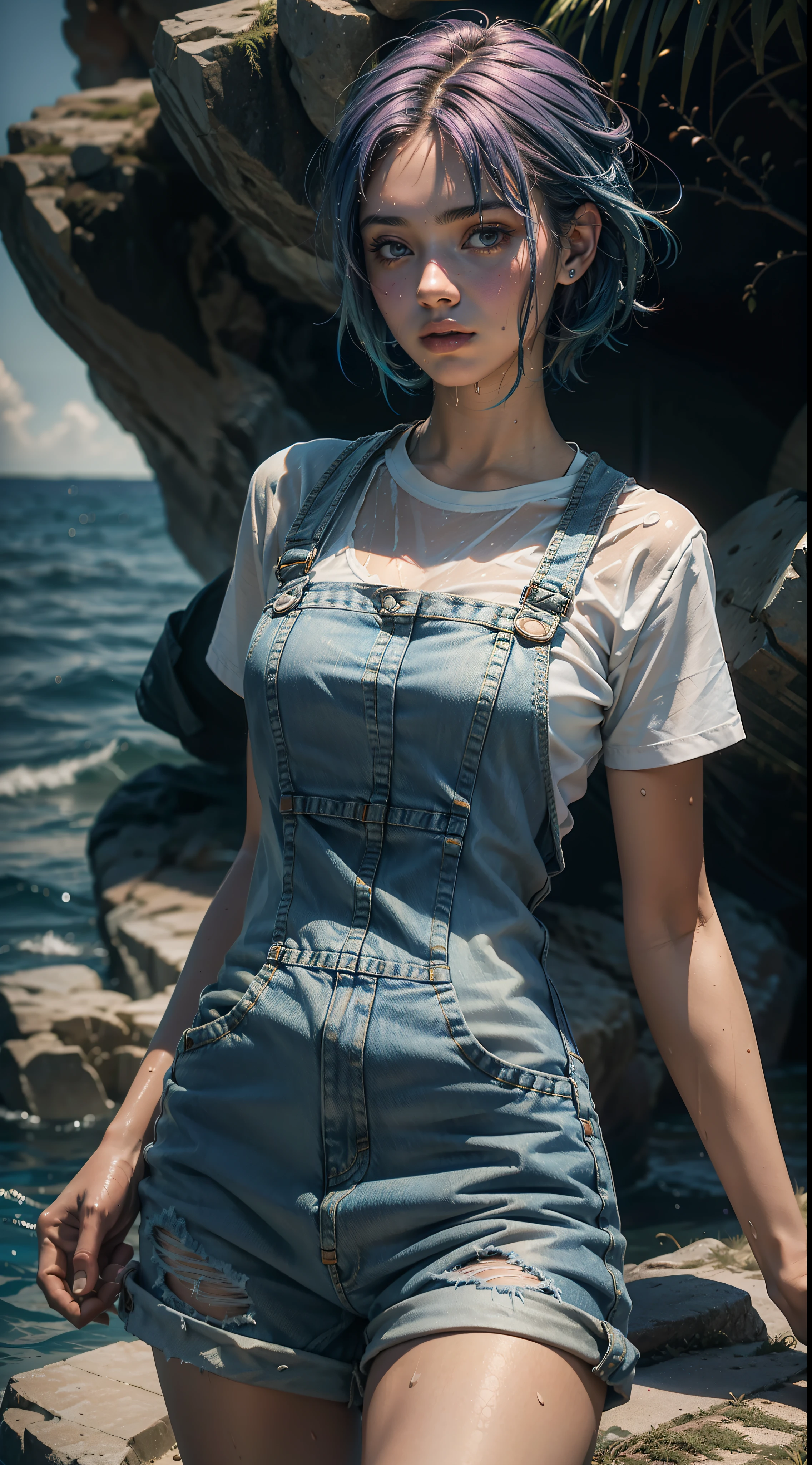 an 18-year-old girl wearing a wet short denim jumpsuit, seios grandes, Rainbow colored hair on sea bottom, bolhas e peixes em volta, Profile image of the camera angle from bottom to top, Ultra realistic 8k cinematic climate with details