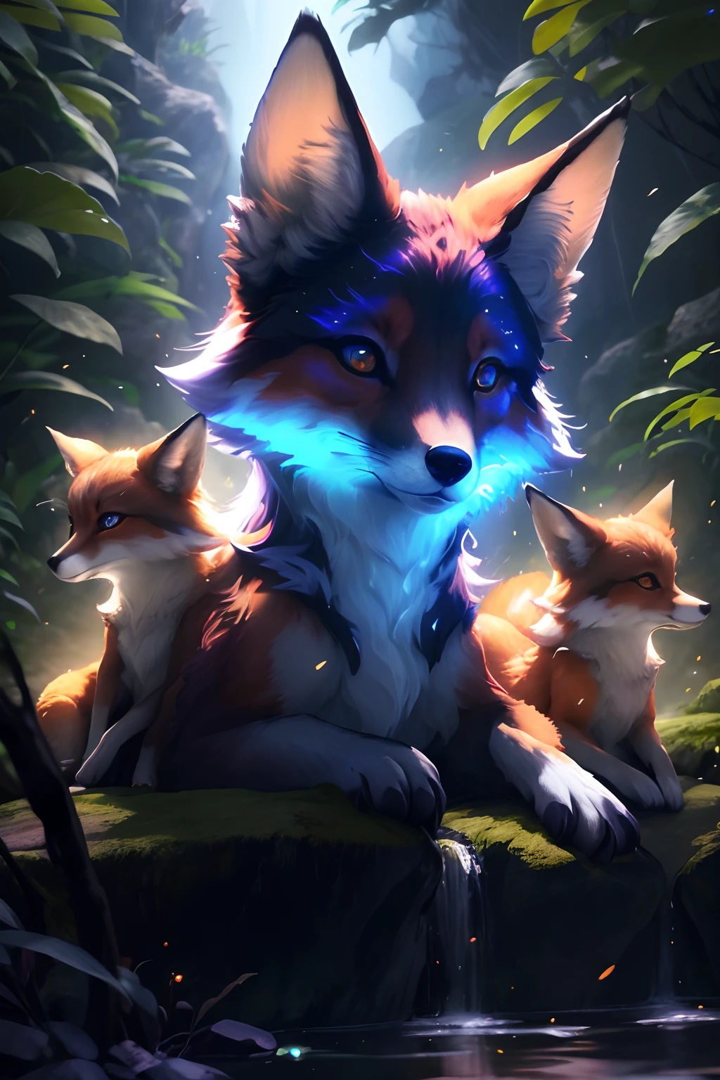 There are three foxes sitting on a rock in the water, arte do antro, ethereal fox, Arte Fox, Arte Fursona, Retrato de uma raposa antro, Directed by: Ryan Yee, three - tailed fox, Arte peluda!!!, glowing and epic, Mago da Raposa Negra, circunstanciado, Realistic, 8k