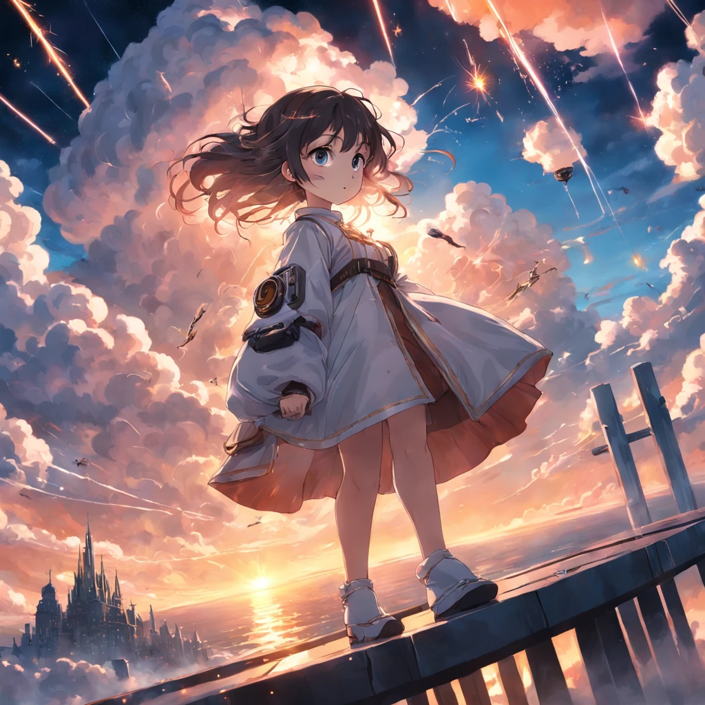 "Create a masterpiece movie still with the best quality featuring a girl and a cloud robot. The scene shows them floating in the sky with a close-up shot. The lighting should be bright, happy, and warm with soft lighting. Include a table game element and capture the beautiful sunset. Add sparks with a weight of 0.7 for an extra touch of magic."