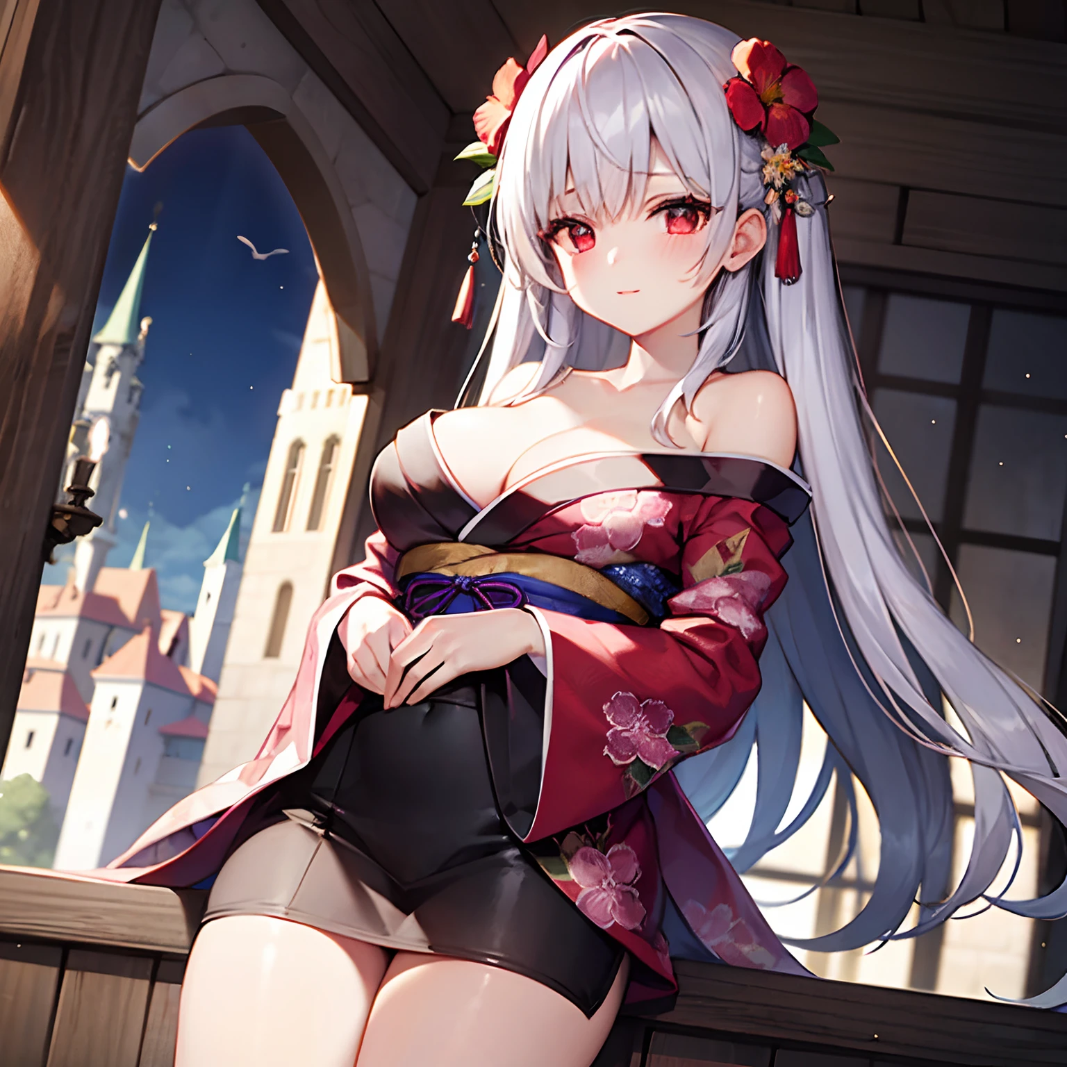 silber hair、red eyes、Beautiful girl alone、Floral kimono、Off-shoulder、Western-style castle