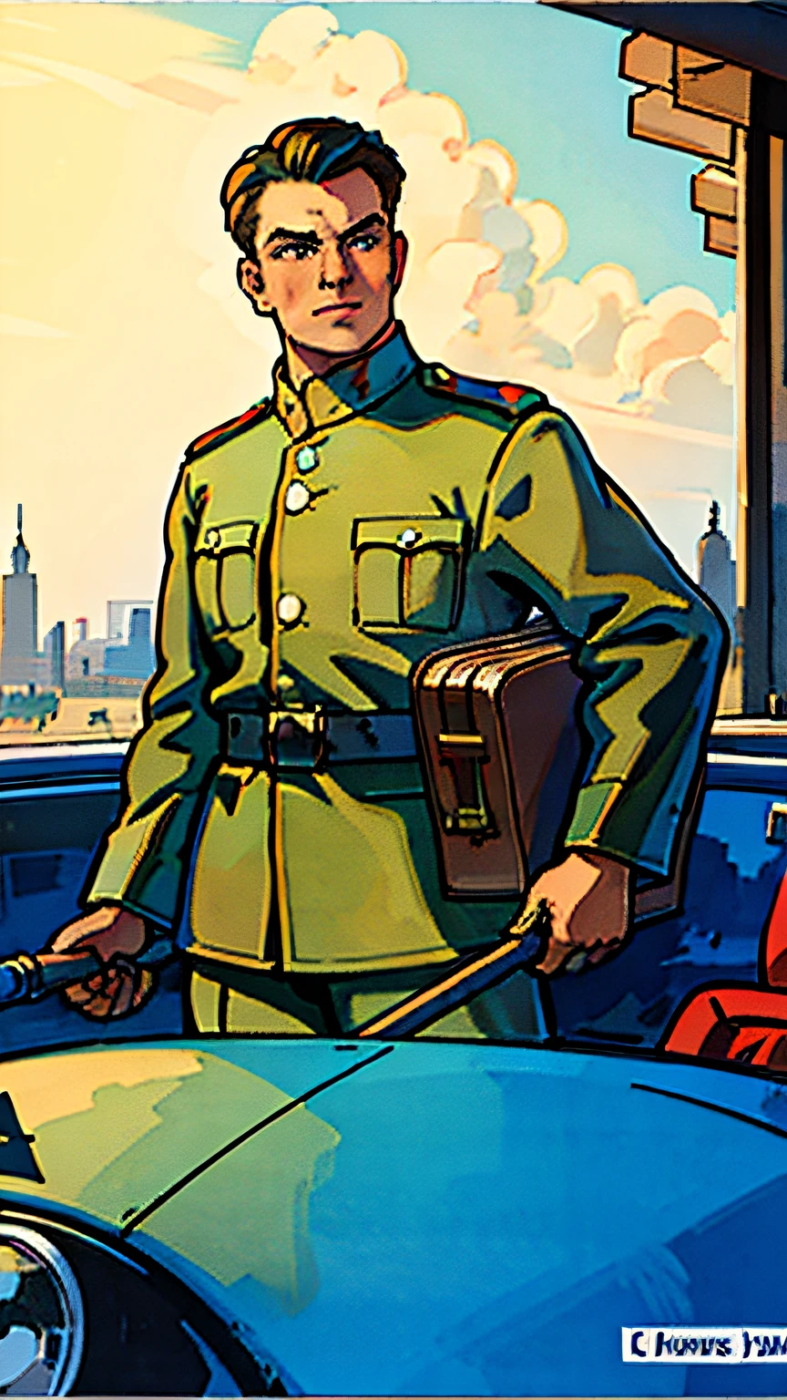 A man with a  slick dark hair in a German uniform from 1942, painted on a poster from that era, looking towards the camera, surrounded by propaganda of Germany , 30 yare sold."