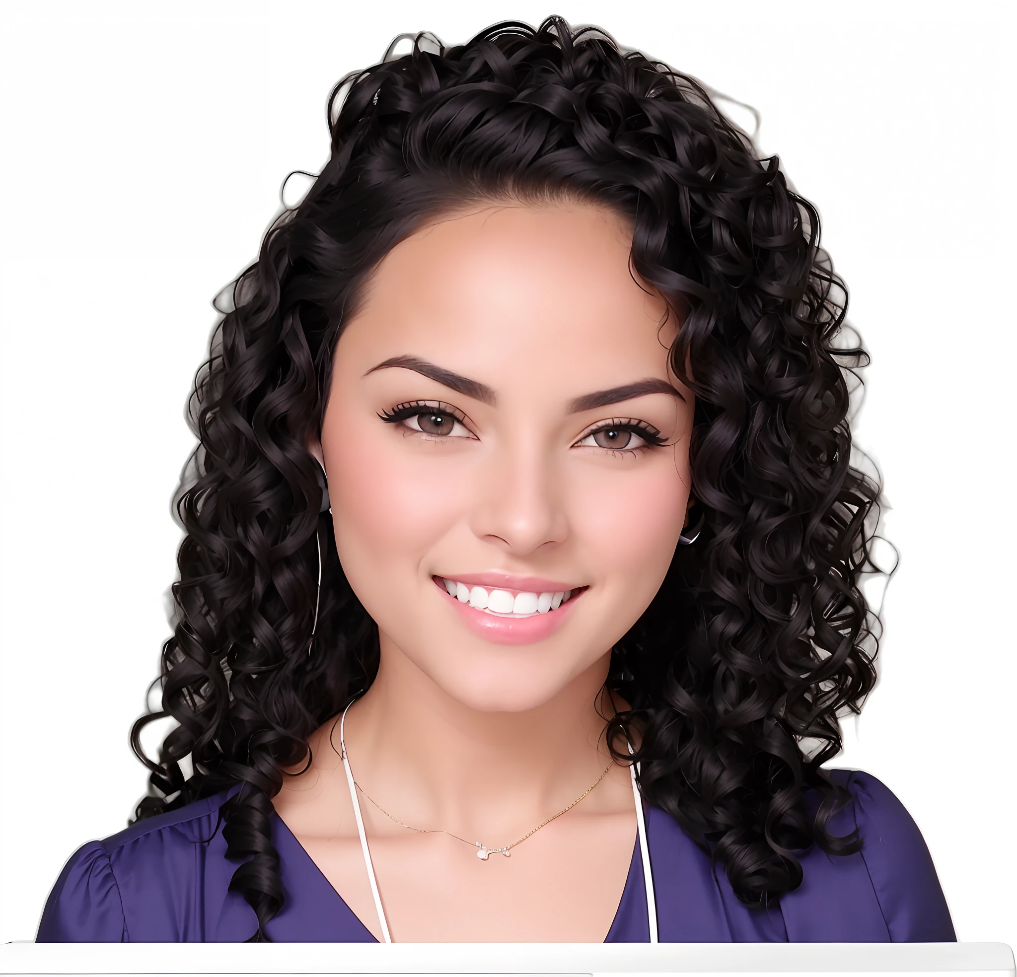 Smiling woman with a laptop and headphones in, cabelos negros cacheados, her black hair is a long curly, cabelo encaracolado preto, fotografia headshot, foto headshot, Ameera africana Al Taweel, cabelos escuros cacheados, longos cabelos negros encaracolados, cabelos cacheados, longos cabelos cacheados pretos, ondulado longo - comprimento cabelo preto, Alanis Guillen, retrato headshot